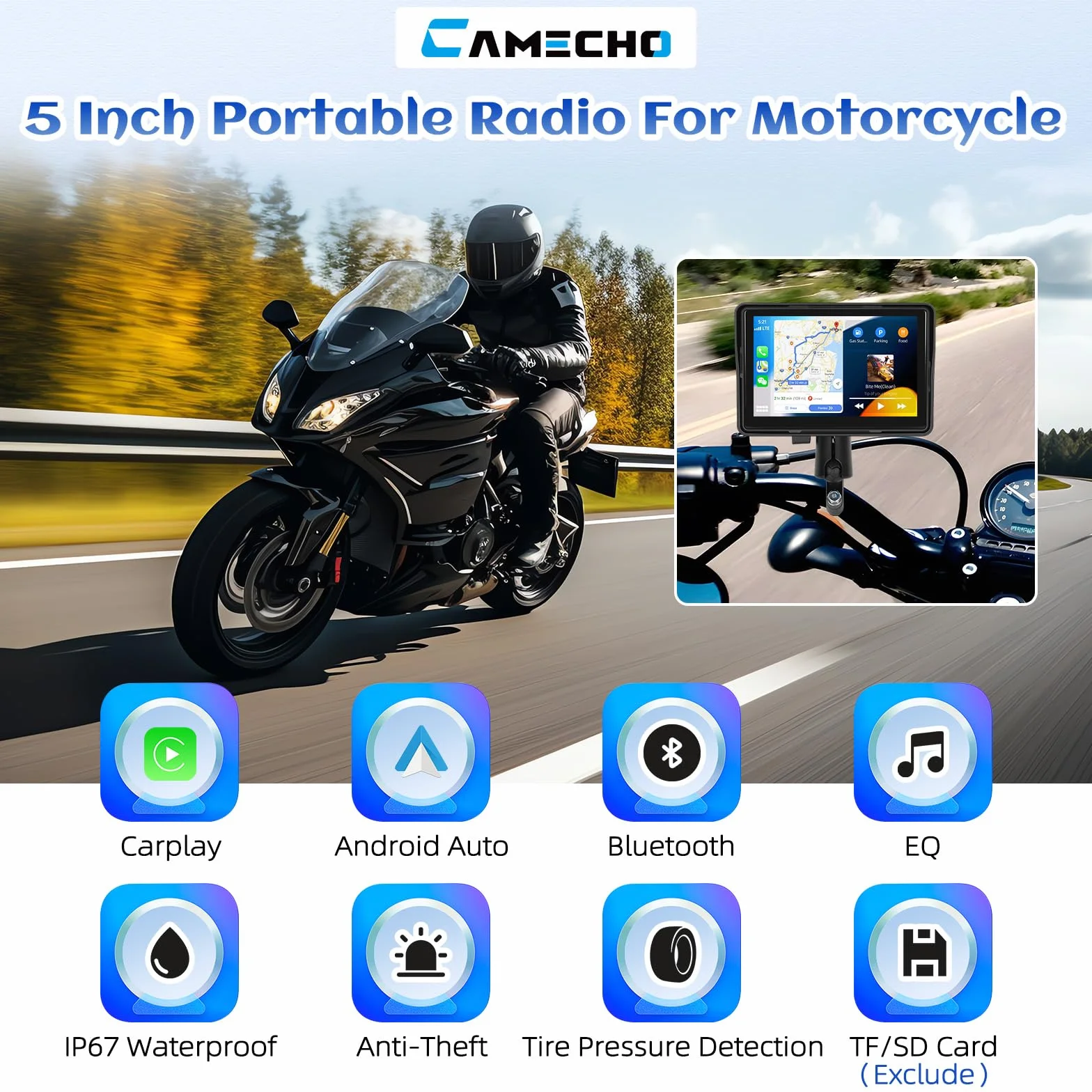 CAMECHO GPS CarPlay Navi Display Moto Senza Fili Android 5 Pollici Impermeabile Touchscreen Doppio Bluetooth EQ