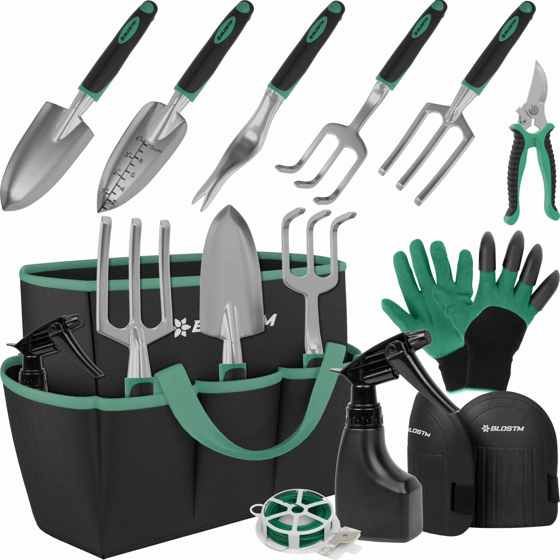 BLOSTM Set di attrezzi da giardinaggio da 11 pezzi, kit di attrezzi da giardino resistenti con borsa impermeabile, set di cazzuole da giardino antiruggine (verde/nero)