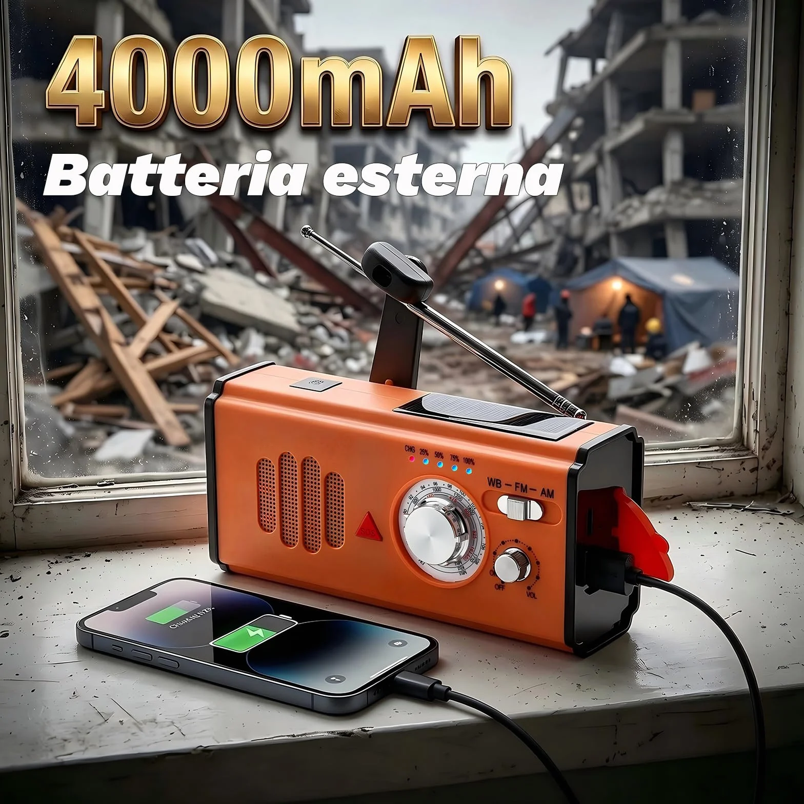 Radio a Manovella di Emergenza con Power Bank 4000mAh, Radio Solare Portatile AM/FM/WB, Torcia LED e Allarme SOS per Campeggio