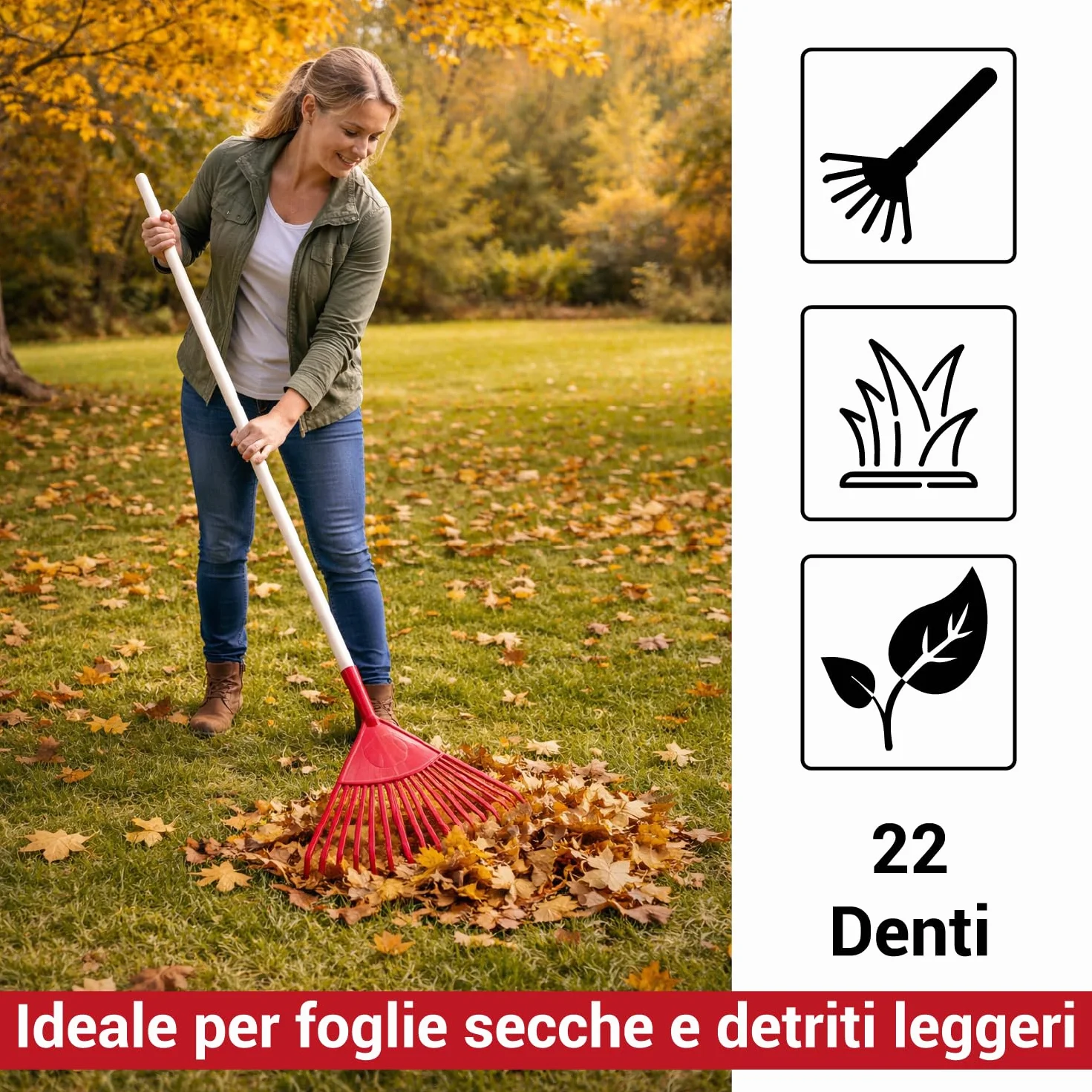 Crisalide®- Rastrello In PVC 22 Denti 40x40CM Con Barra Di Rinforzo, Completo Di Manico In Faggio 150CM, Ideale Per Foglie E Piccoli Detriti