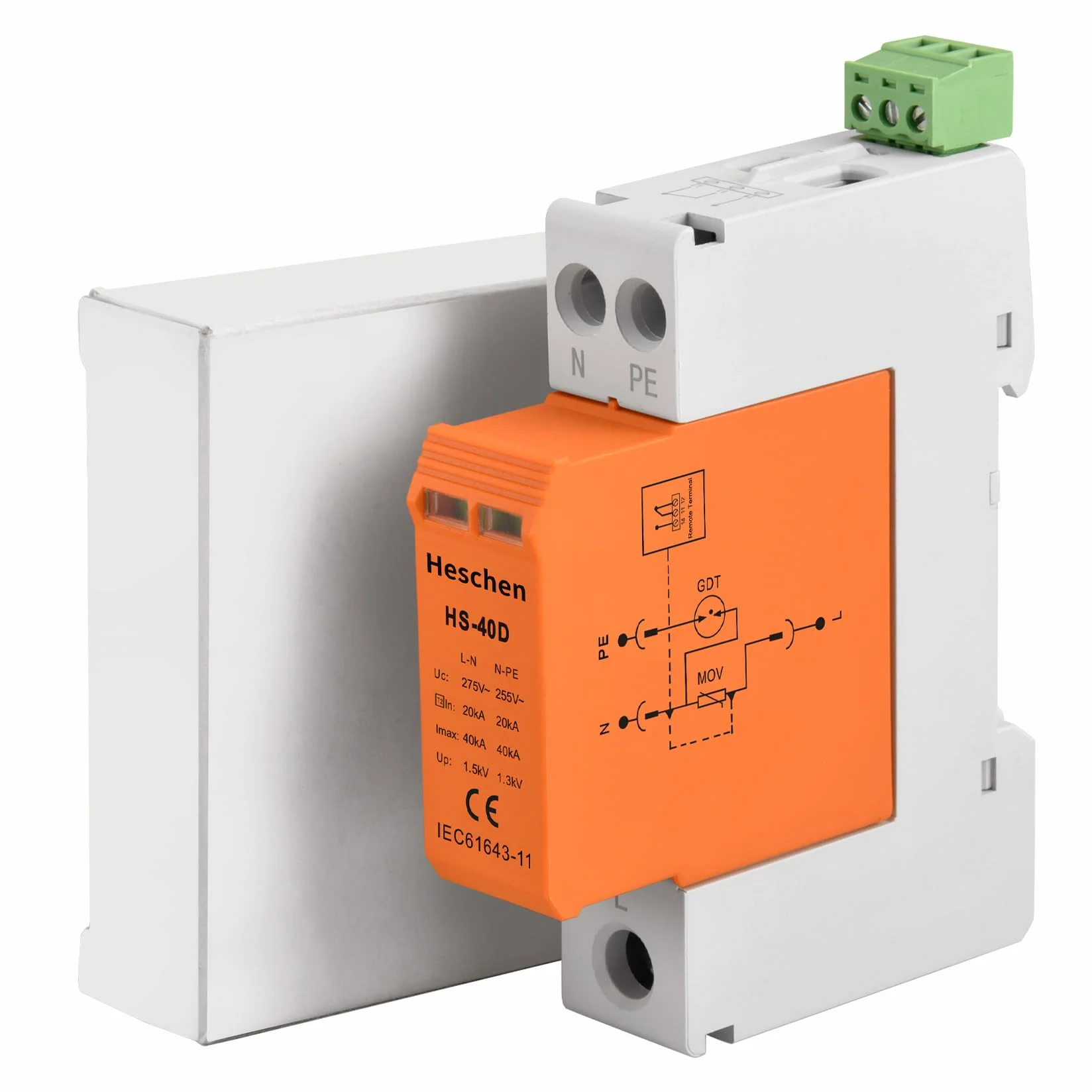 Heschen HS-40D SPD Dispositivo di Protezione Sovratensione 275VAC 20KA 1+NPE L-Line Down Ignifugo Guida DIN 35mm