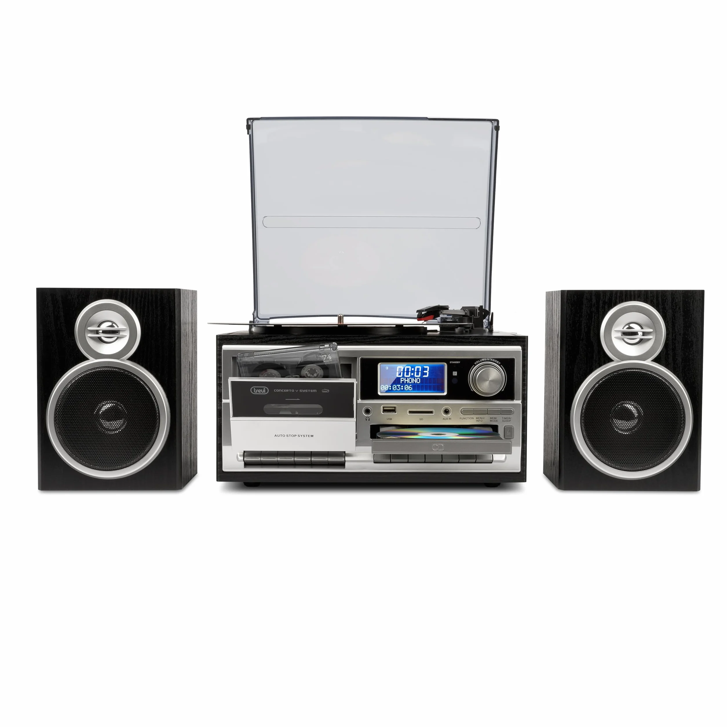 Trevi TT 1072 DAB Giradischi Vintage 25W 3 Velocità CD USB AUX-IN Cassette Radio Digitale Stereo All-in-One Encoding Nero