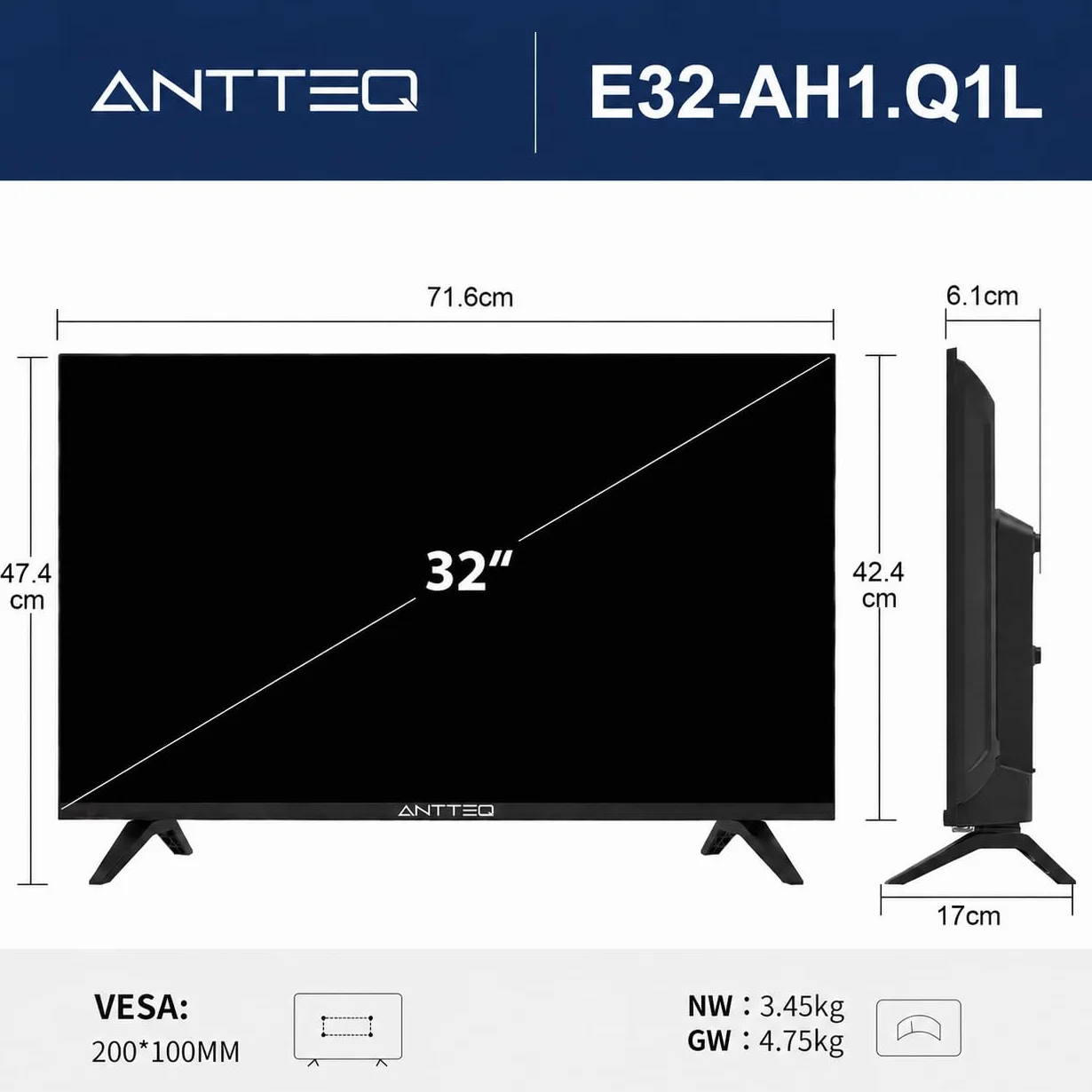 Antteq TV 32 Pollici (81 cm) LED HD Triple Tuner DVB-T2/S2/C HDMI USB H.265/HEVC 10bit Audio Dolby E32-AH1Q1L