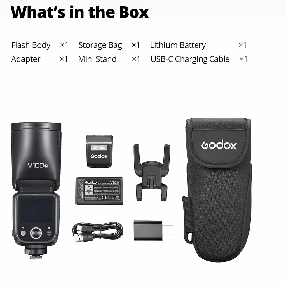 Godox V100N Flash a testa tonda Touch Screen, 100Ws, Global Shutter 1/80000, HSS 1/8000, batteria al litio, lampada LED 10 livelli per Nikon