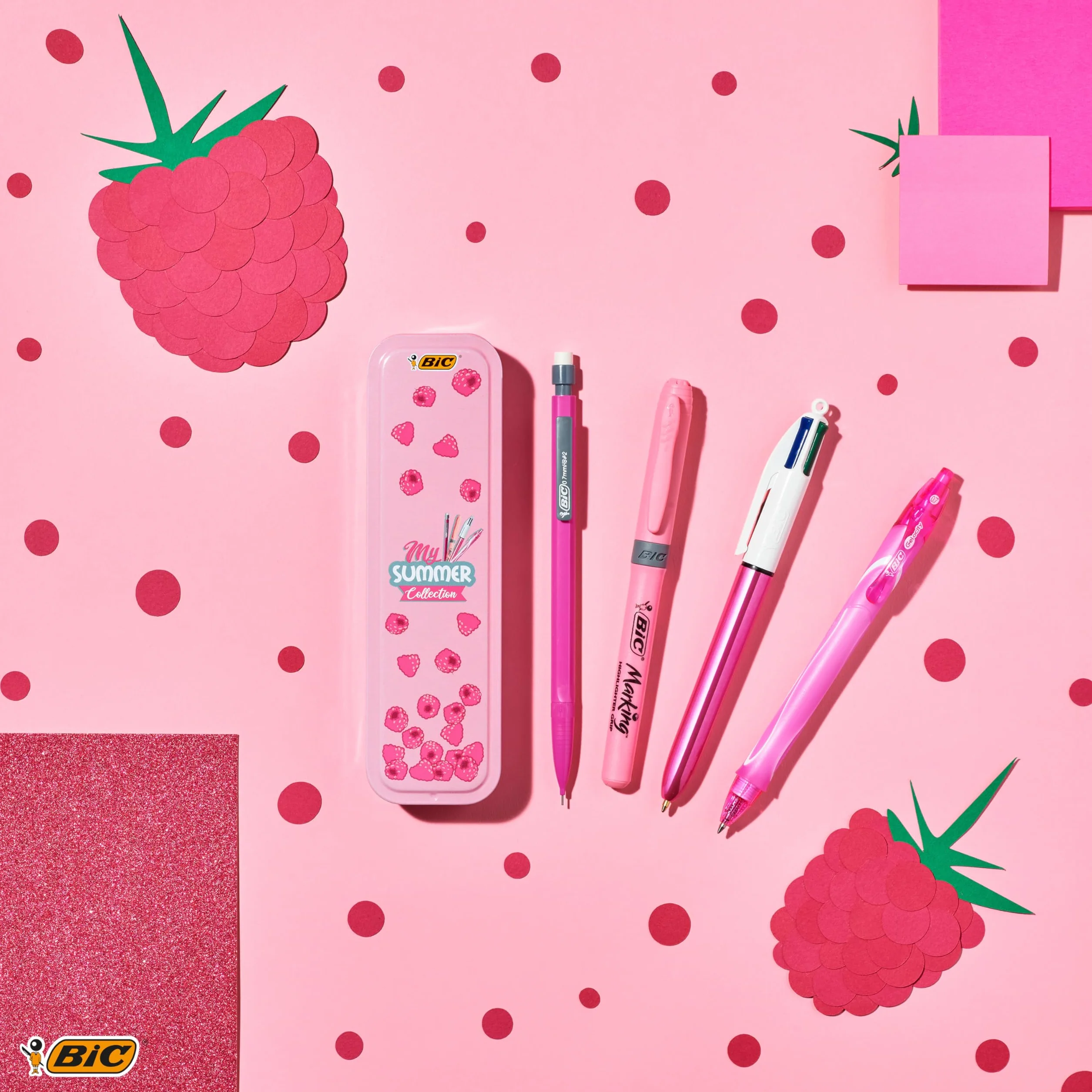Bic My Summer Collection Pink Box, Penna Gel Quick Dry A Sfera A Scatto 4 Colori, Matita Con Gomma Matic Fun (0.7Mm), Evidenziatore Pastello Rosa Grip Pastel, 4 Unità