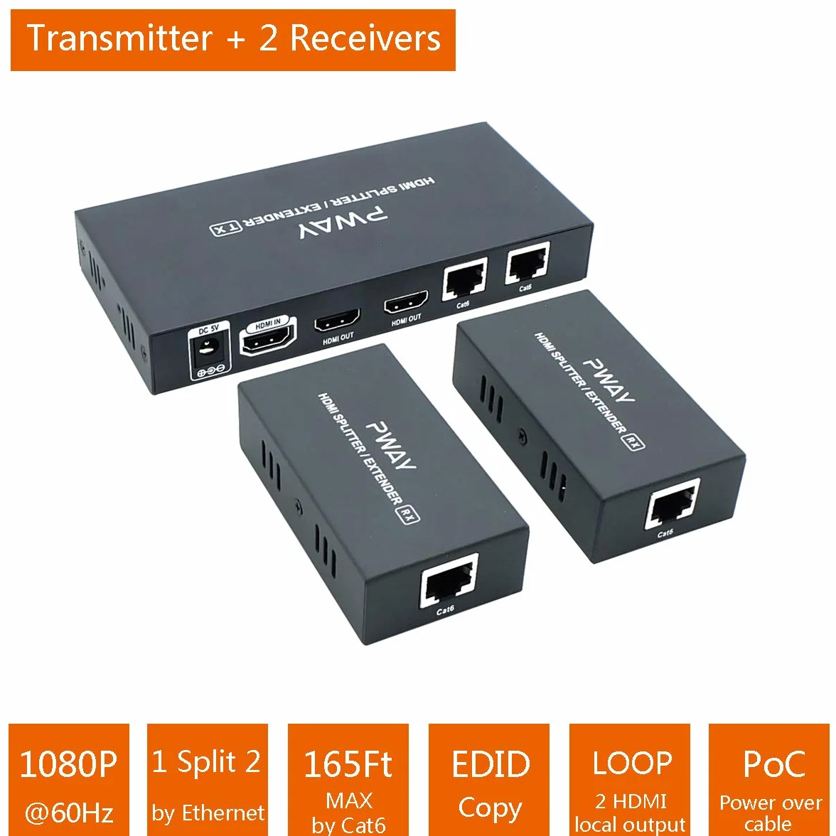 PW-HT226P2 HDMI Extender Splitter 2 Port 165ft Cat6 1080P@60Hz EDID Copy