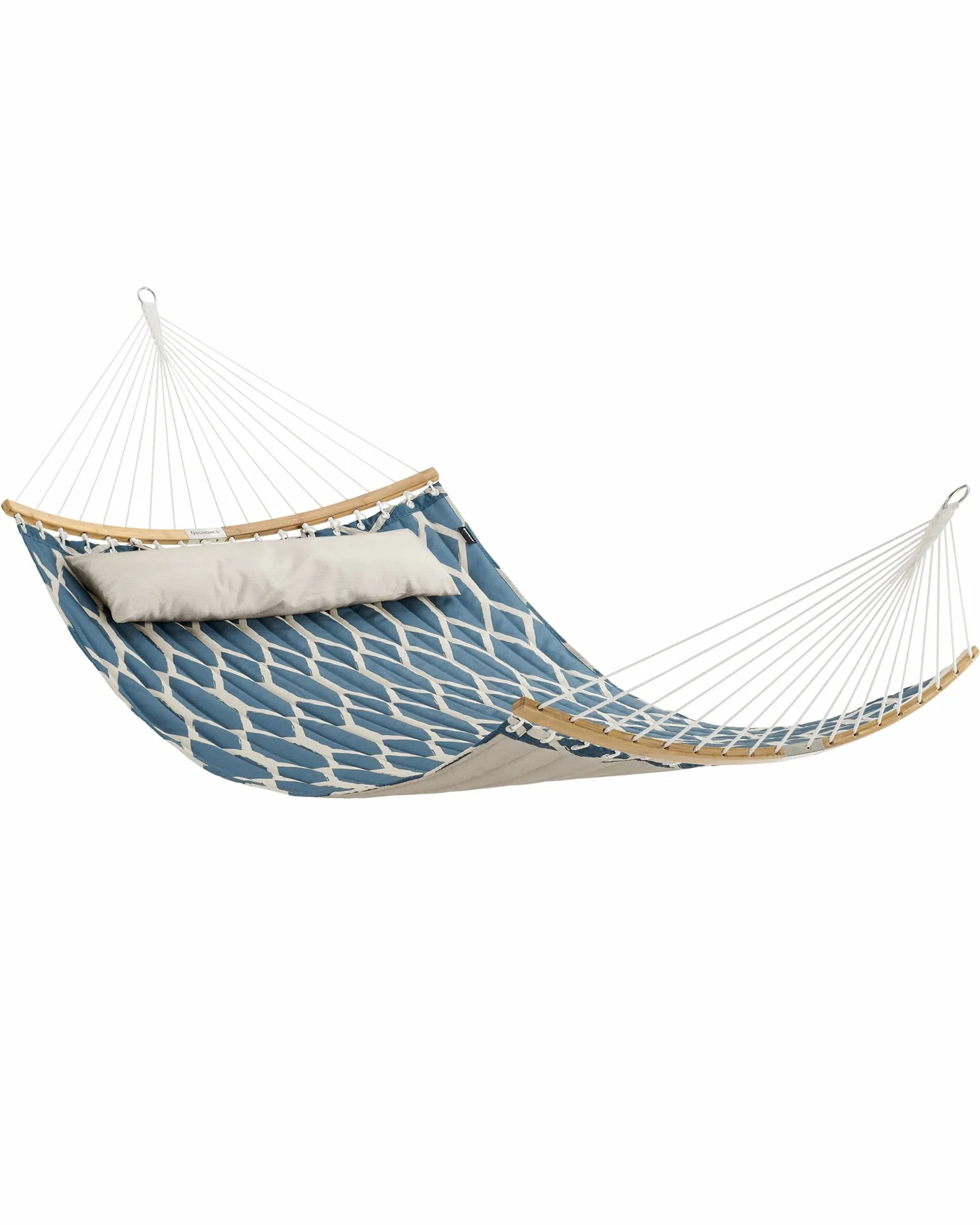 SONGMICS Amaca in Tessuto Trapuntato con Aste Curve in Bamboo Rimovibili, Cuscino, 200 x 140 cm, Capacità di Carico da 225 kg, Blu e Rombi Beige GDC034I02
