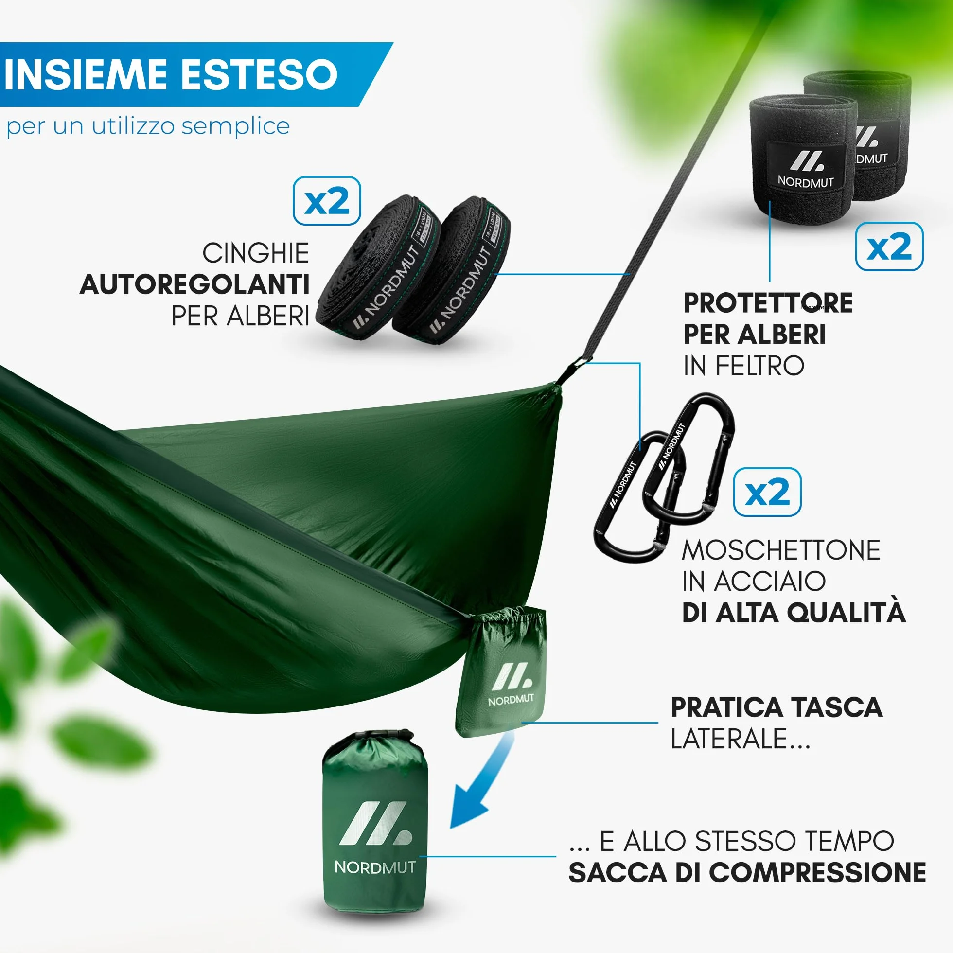 NORDMUT Amaca Ultralight Outdoor Set di Fissaggio – Amaca da Campeggio con Protezione Alberi – Portata 300 kg Verde 140x275 cm