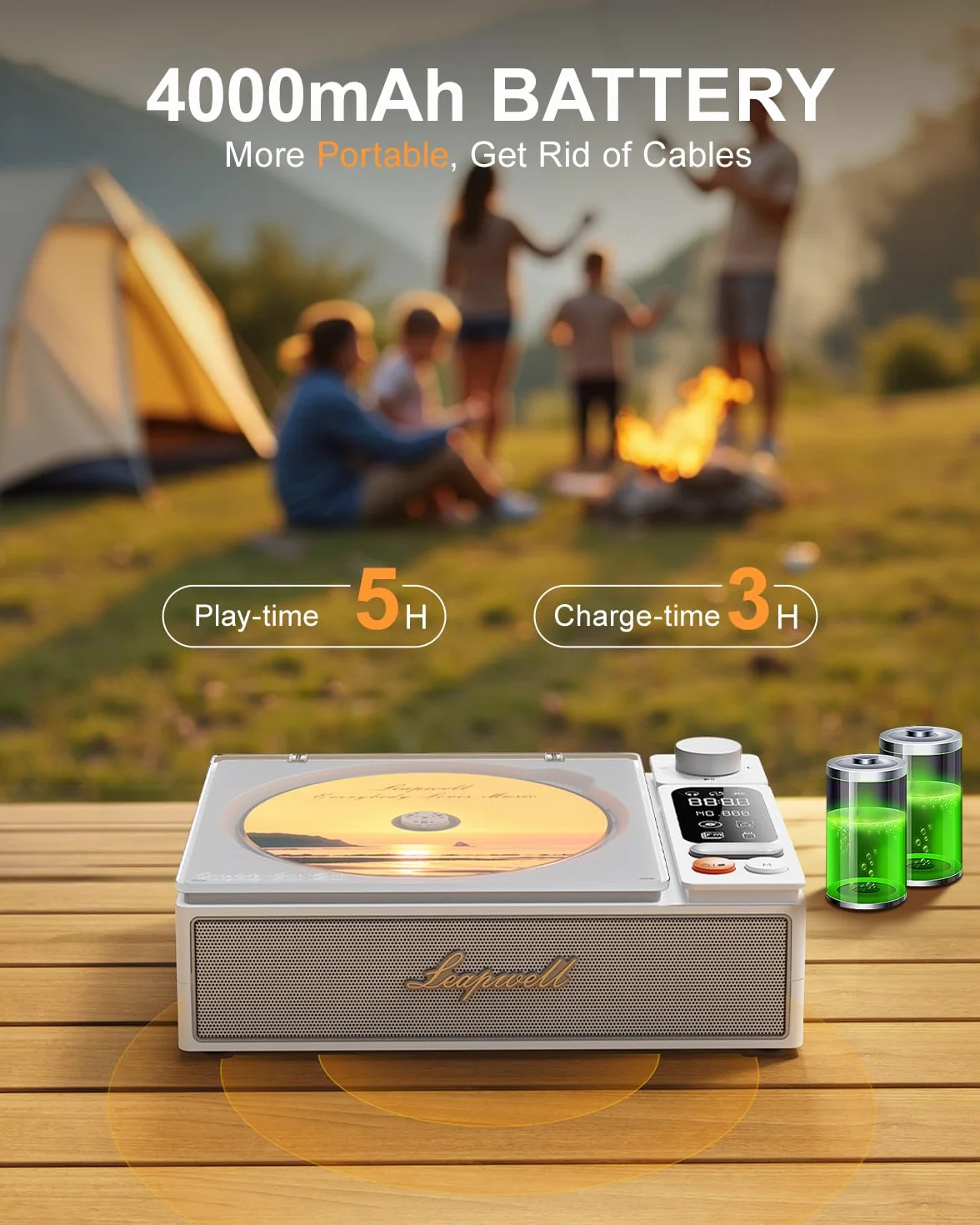 Lettore CD Portatile Leapwell Bluetooth Altoparlanti HiFi Interni Retrò Audio Compatto Ricaricabile Schermo LCD Radio Cuffie AUX USB Ottico Bianco