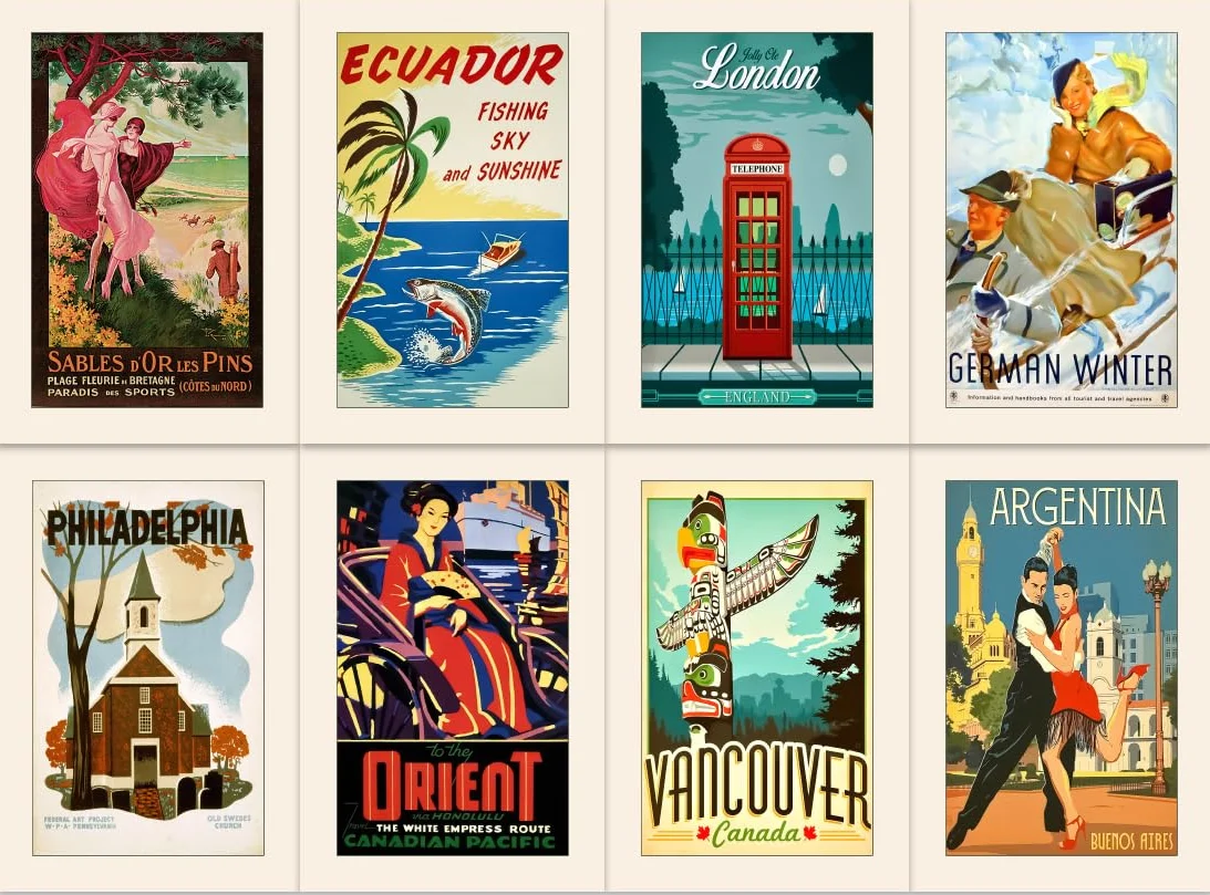 40 Cartoline da Viaggio Vintage con 40 Disegni Diversi, Carta Spessa