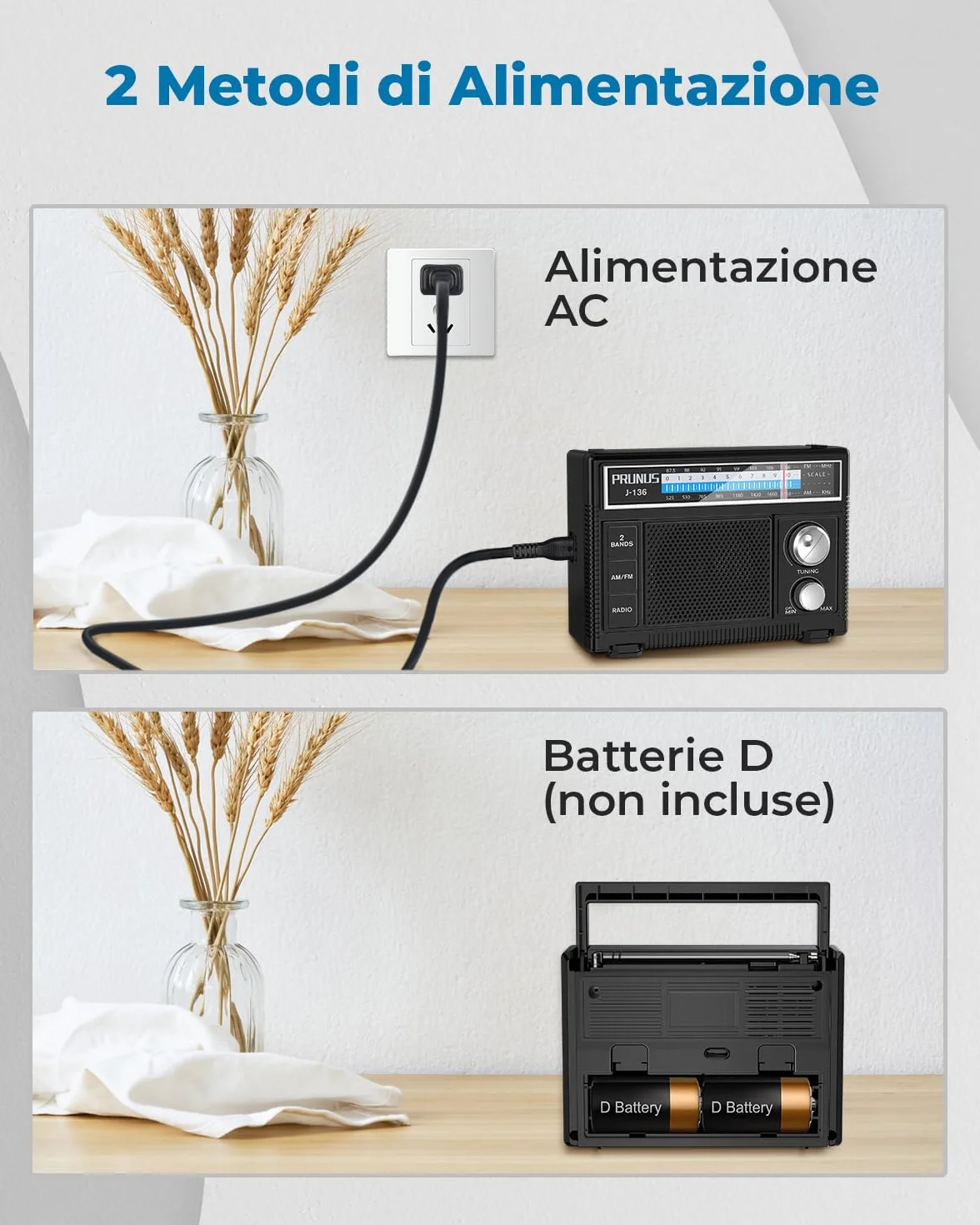 PRUNUS J-136 Radio Portatile AM/FM, Alimentazione Batterie o CA, Jack AUX/Microfono, Nero