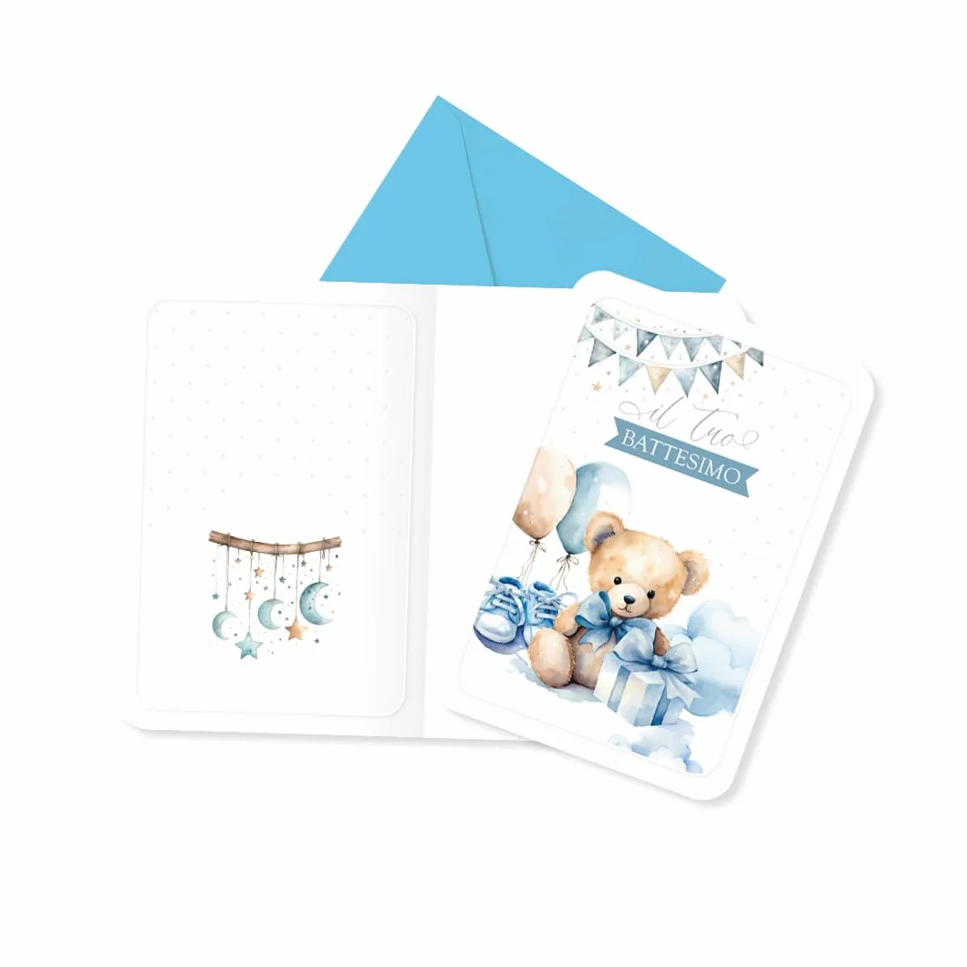 Set Battesimo Biglietto e Carta da Regalo Orsetto Blu 16x12 cm 100x70 cm