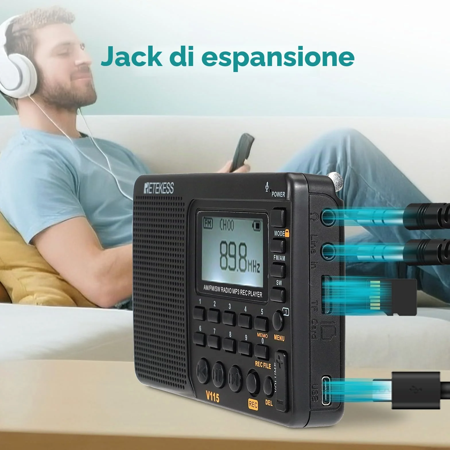 Retekess V115 Radio FM Portatile AM SW con Supporto USB AUX TF Batteria Ricaricabile Nero