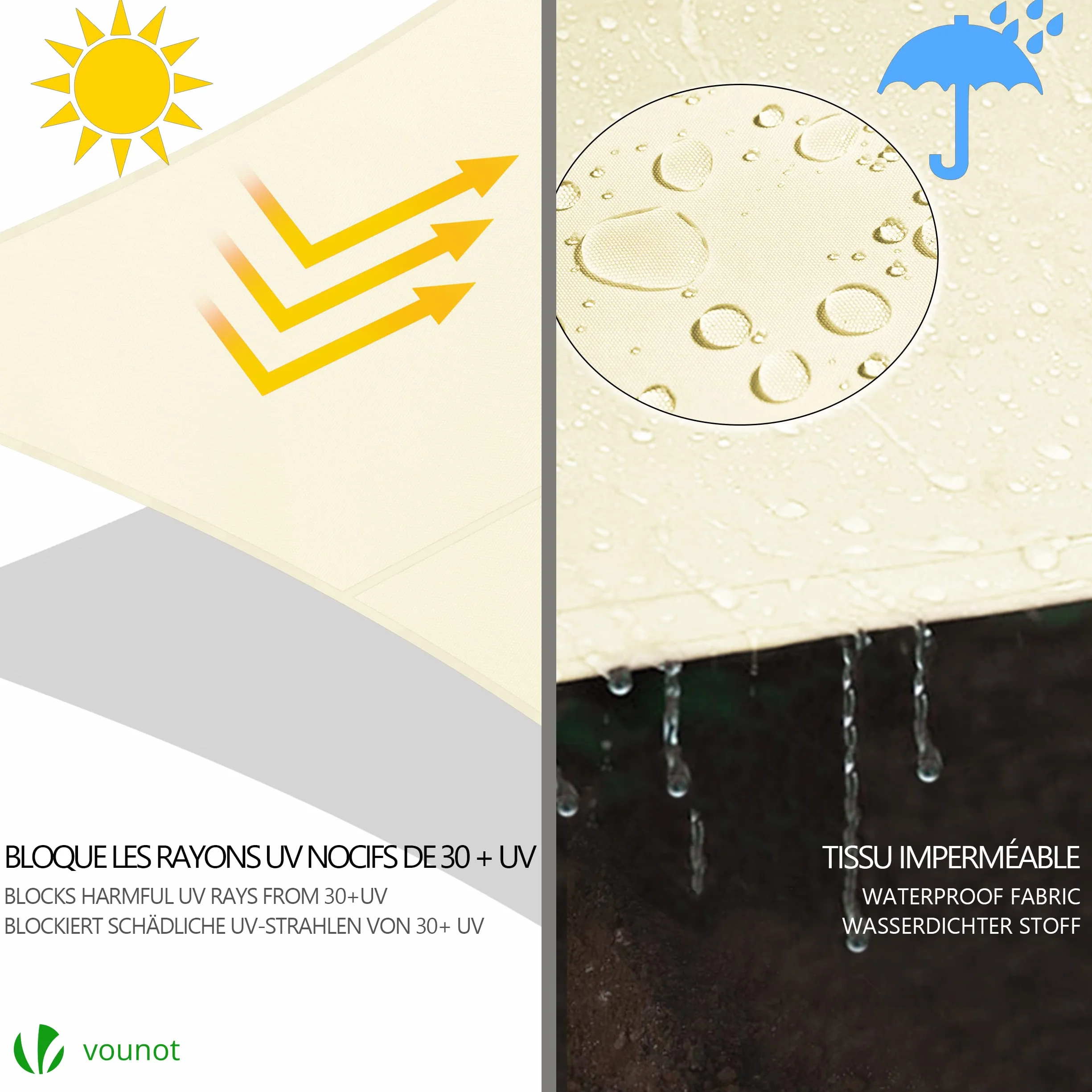 VOUNOT® Vela Ombreggiante Triangolare 5x5x5m, Tenda da Sole Impermeabile Protezione UV per Esterno Beige