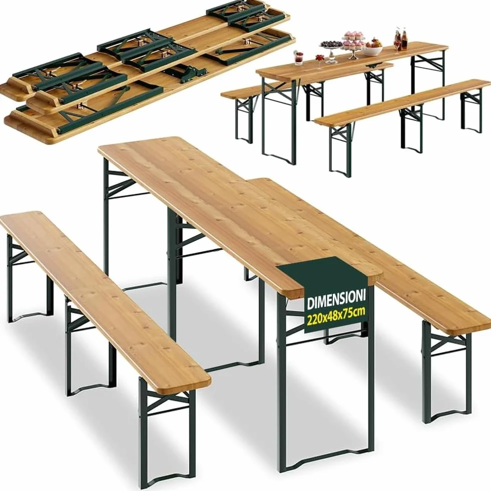 BAKAJI Set 3 Pezzi Birreria con Tavolo Pieghevole e Panche da Esterno, Struttura in Acciaio Comoda, Seduta Ergonomica e Resistente, Ideale per Giardino, Bar, Campeggio, Sagra (220 cm)