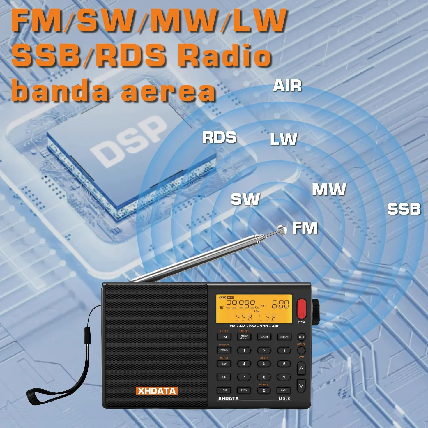 XHDATA D-808 Radio digitale portatile FM Stereo SW MW LW SSB RDS Air Band Multi Band con ATS, display LCD, nero