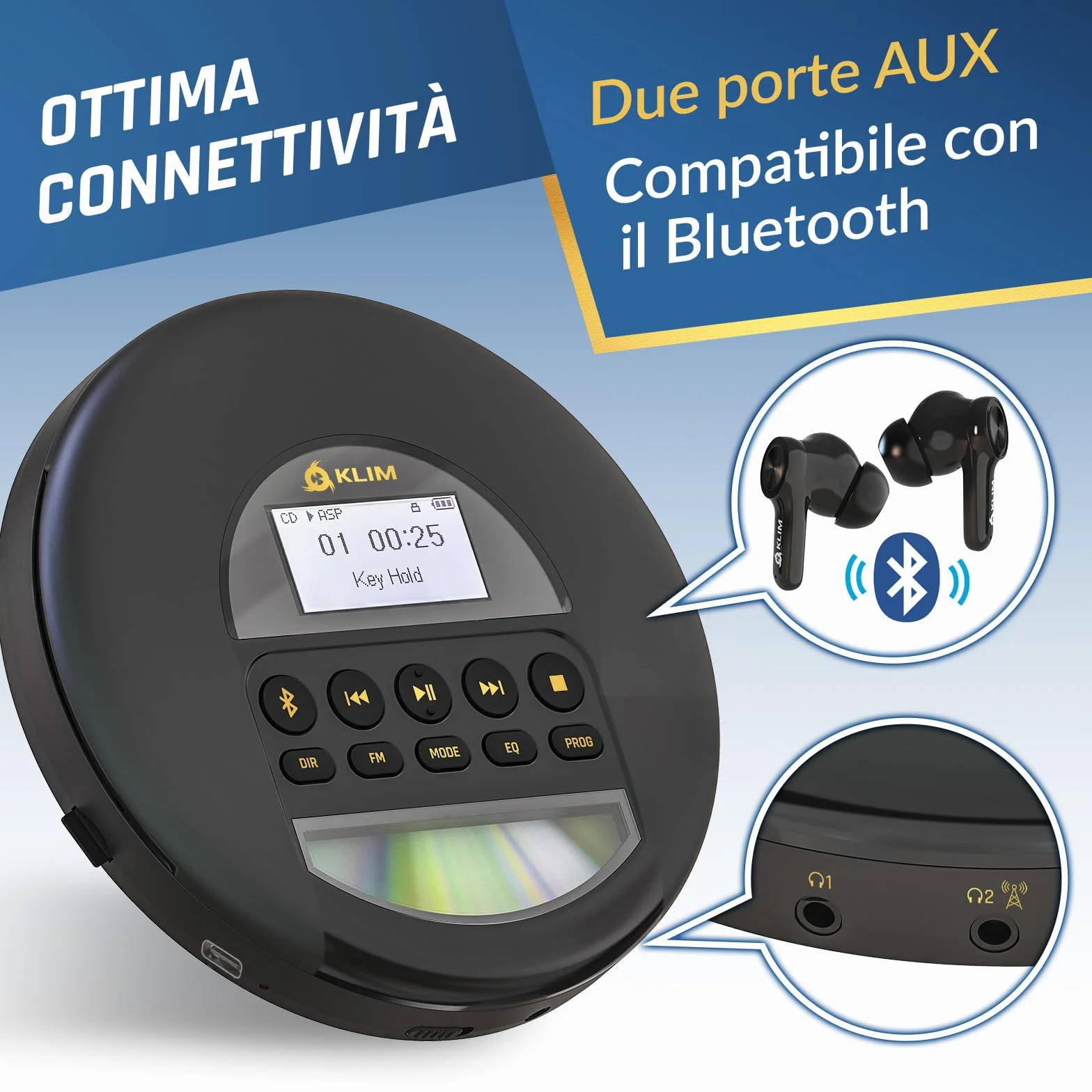 KLIM Nomad Lettore CD Portatile Bluetooth con Batteria Lunga Durata, SD, FM, Compatibile CD-R/RW MP3