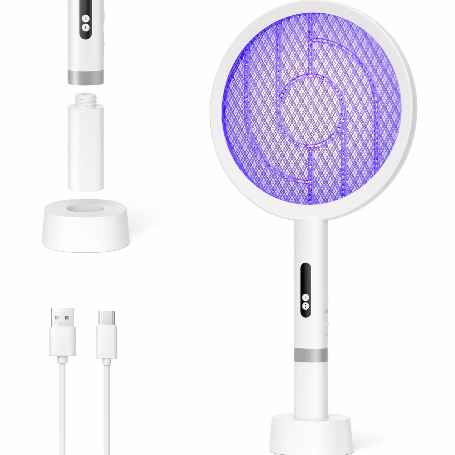 YISSVIC Racchetta Zanzare Elettrica, Racchetta Anti Insetti, 1800mah, Paletta Potente 4000V, Base Ricaricabile, Ricarica USB-C Contro Zanzare, Falene Volanti, Bianco