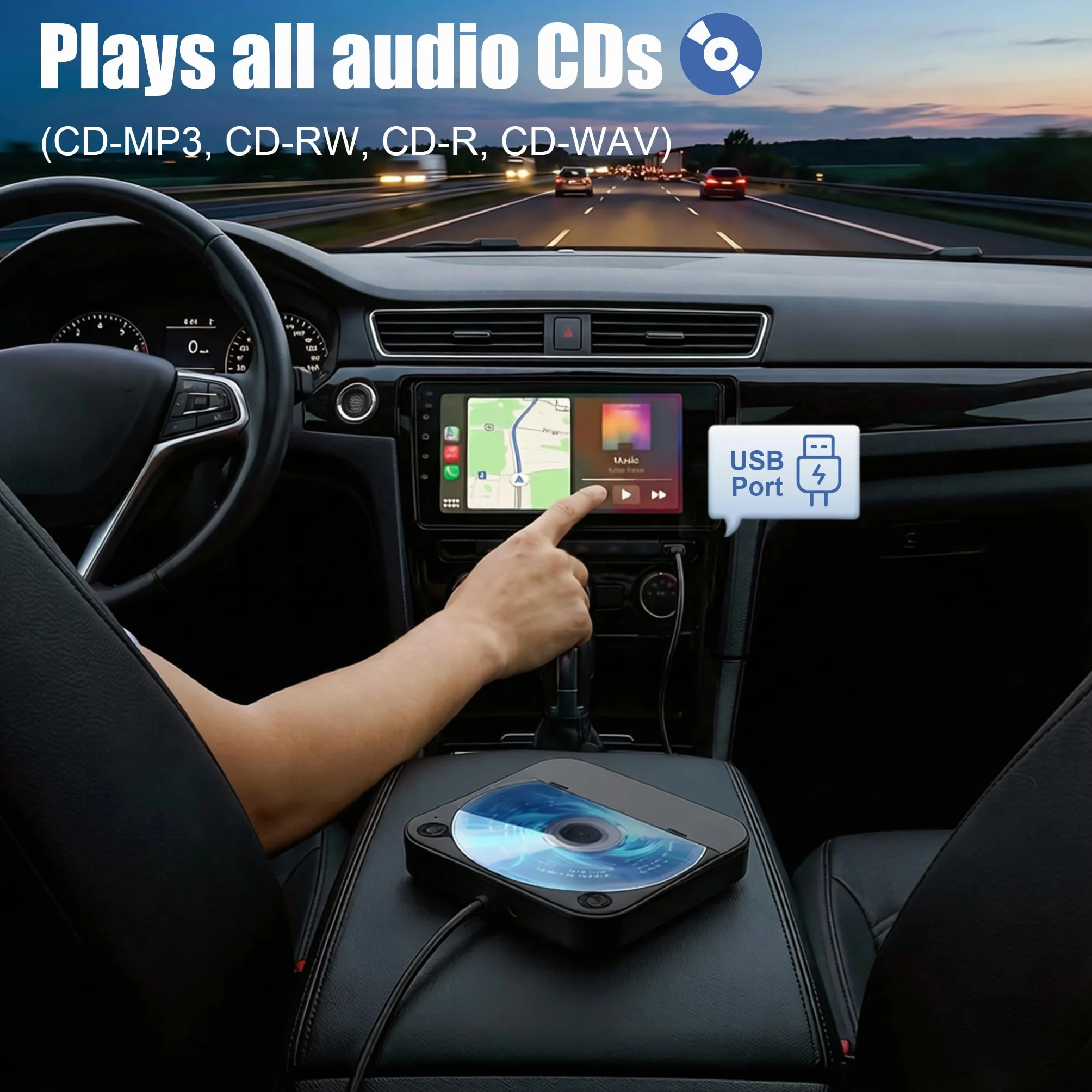 Lettore CD per auto con silicone anti-shock, porta USB, cavo prolunga, nero