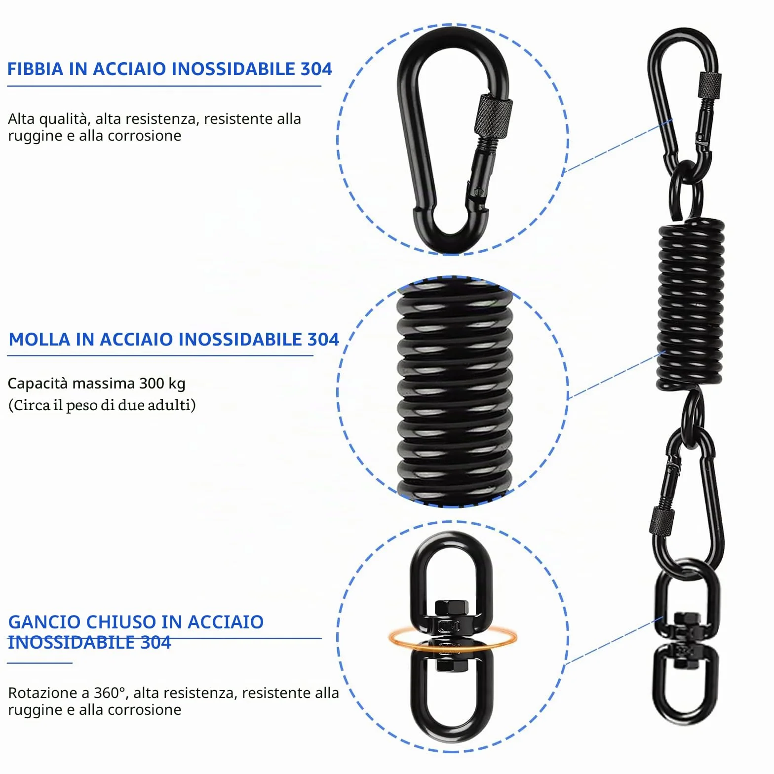 Molla oscillante per poltrona sospesa, con 2 moschettoni e gancio girevole a 360°, moschettone, portata fino a 250 kg, molla di sospensione per sacco da boxe, hammock, yoga
