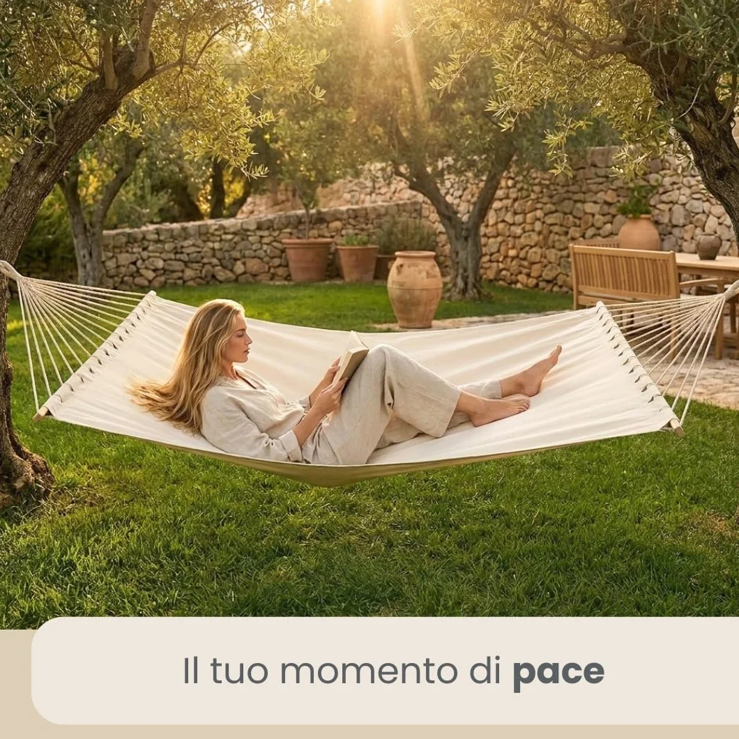 Amaca XXL 200x120 cm Beige Dondolo Doppio 2 Persone 150kg Cotone Robusto Esterno Interno Balcone Giardino