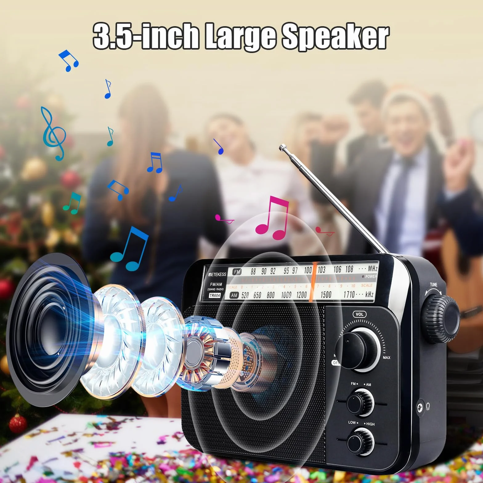 Retekess TR604 Radio Portatile FM AM a Corrente con Batteria Grande Display