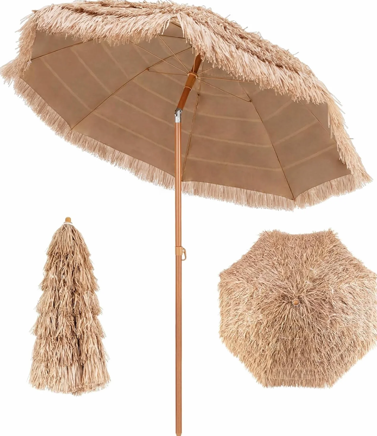 COSTWAY Ombrellone di Paglia in PP 208 cm, Ombrellone da Spiaggia Pieghevole, Parasole Hawaiano con Inclinabile in Metallo, Resistente all'Acqua e al Sole, per Spiaggia Giardino Balcone