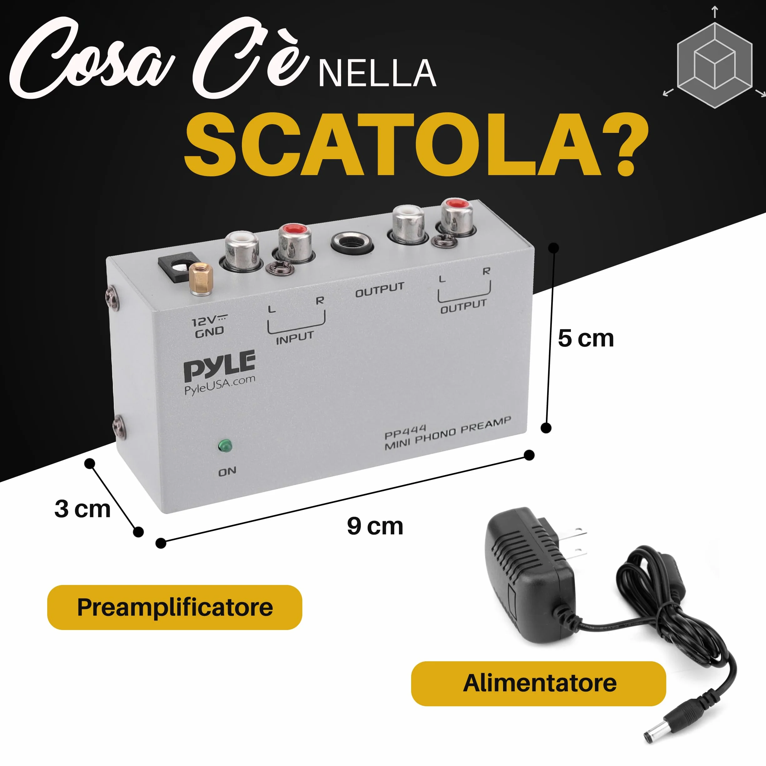Pyle Preamplificatore Phono Mini per Giradischi con Ingressi e Uscite RCA, Basso Rumore, 12V DC, Grigio