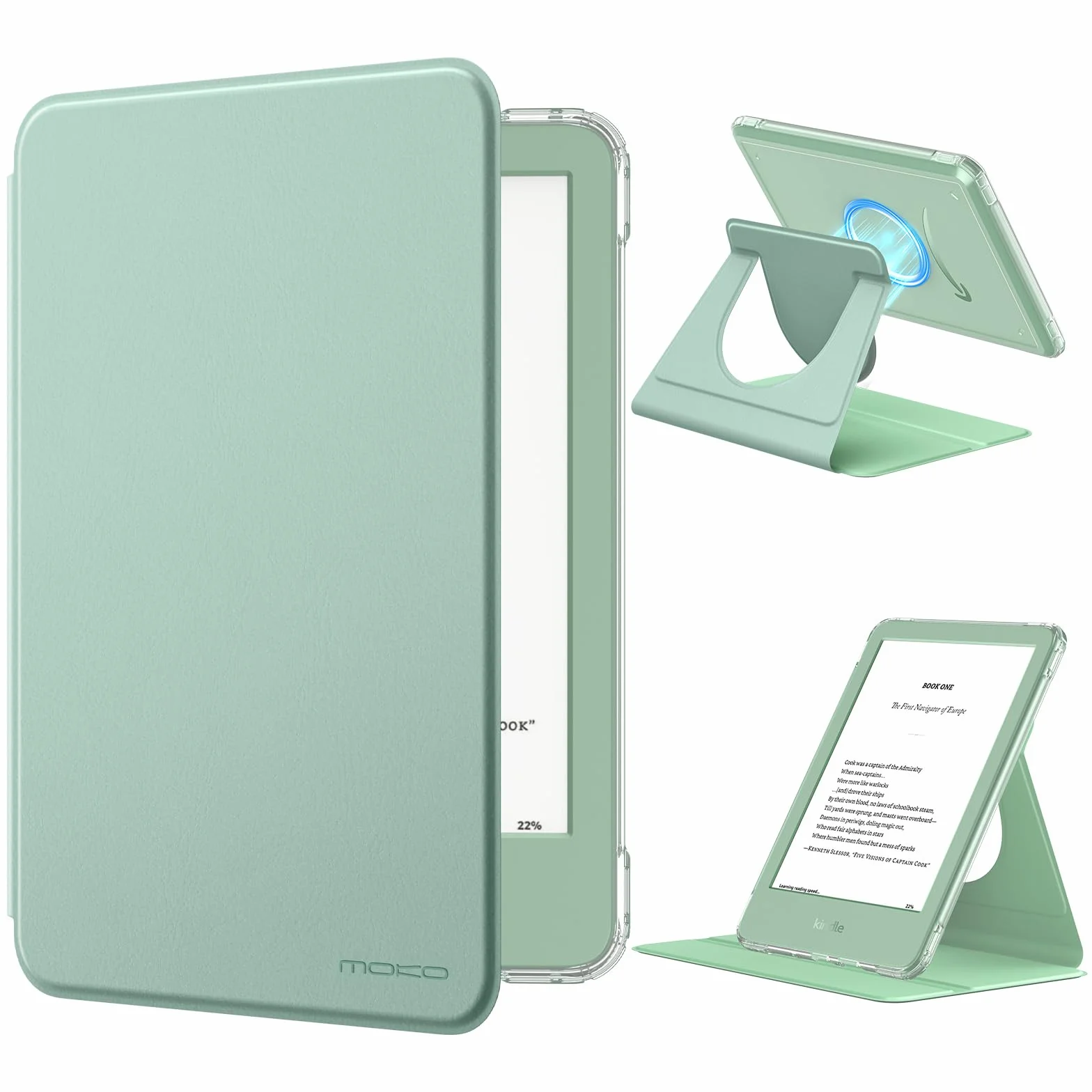 MoKo Custodia Girevole a 360° per Kindle 6" (11a Generazione), Retro Trasparente Cover Magnetica Staccabile, Verde Matcha