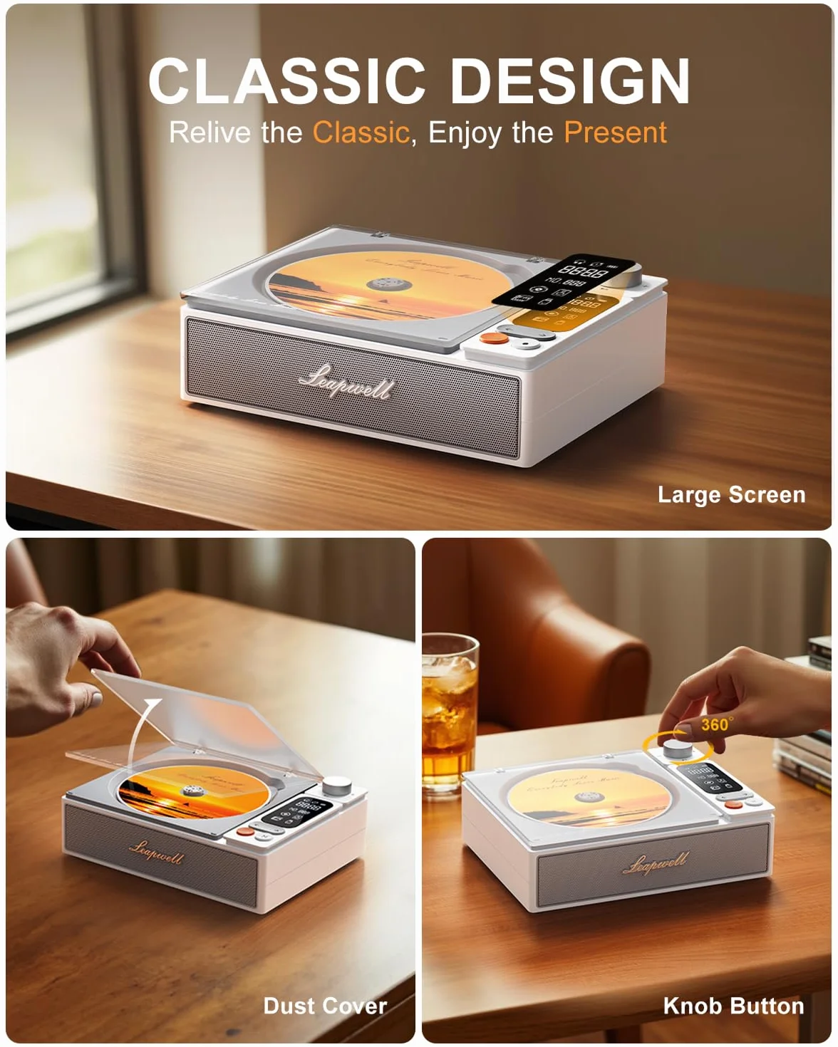 Lettore CD Portatile Leapwell Bluetooth Altoparlanti HiFi Interni Retrò Audio Compatto Ricaricabile Schermo LCD Radio Cuffie AUX USB Ottico Bianco