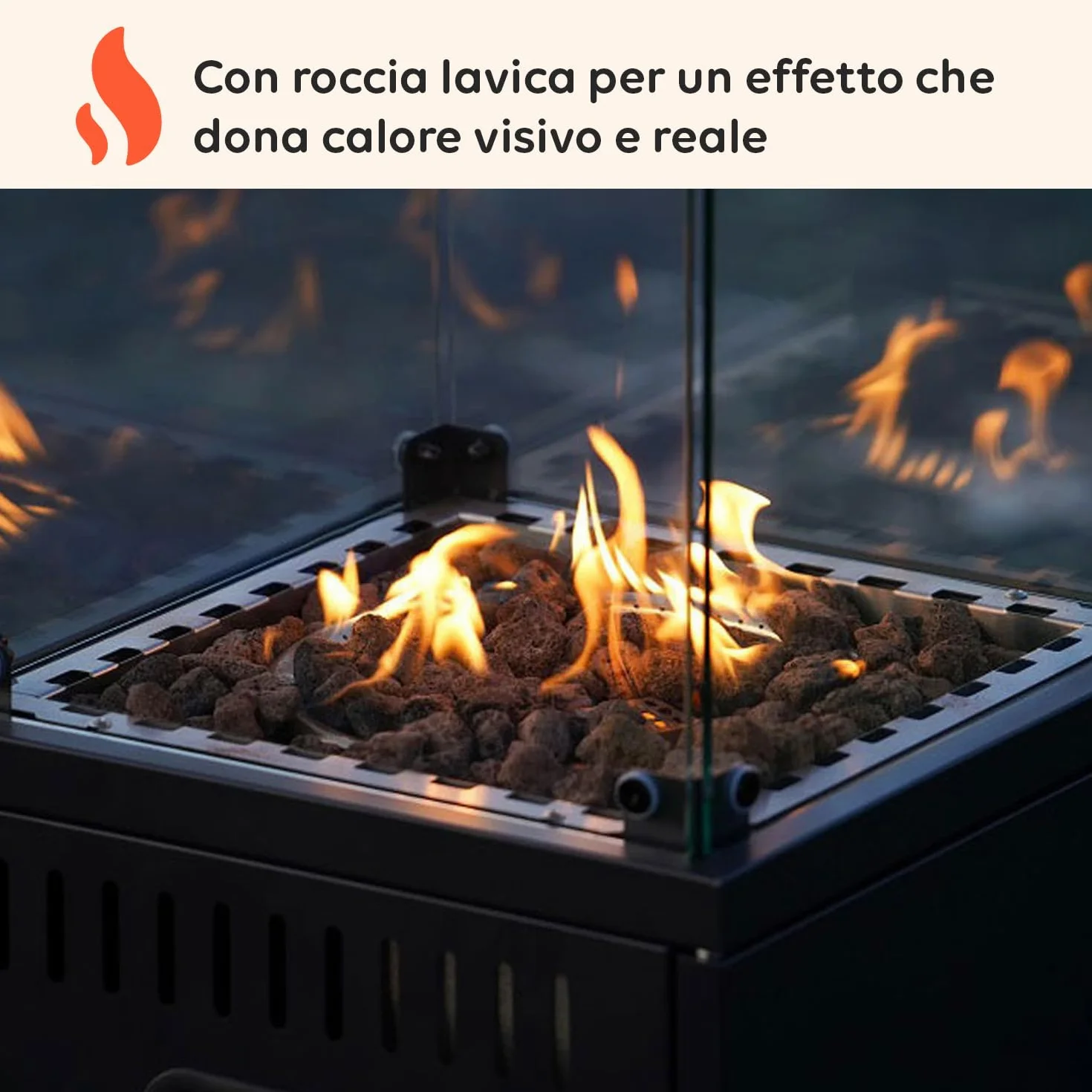 Wintem Caminetto a Gas da Esterno Nero 12 kW 15 m² Accensione Piezoelettrica Roccia Lavica Ruote