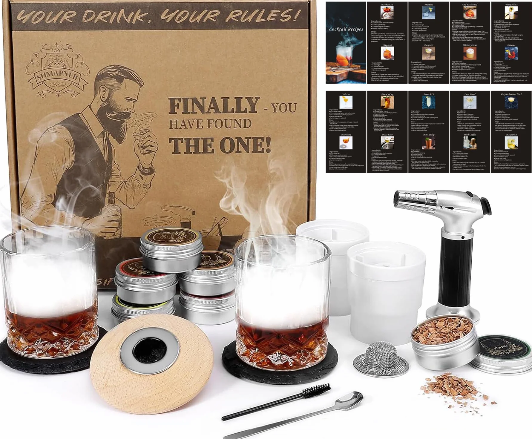 Kit per affumicare cocktail whisky con torcia, trucioli di legno da 6 gusti, 2 bicchieri da whisky, 2 stampi per palline di ghiaccio, kit per affumicatore di bevande Bourbon Old Fashioned, regalo per