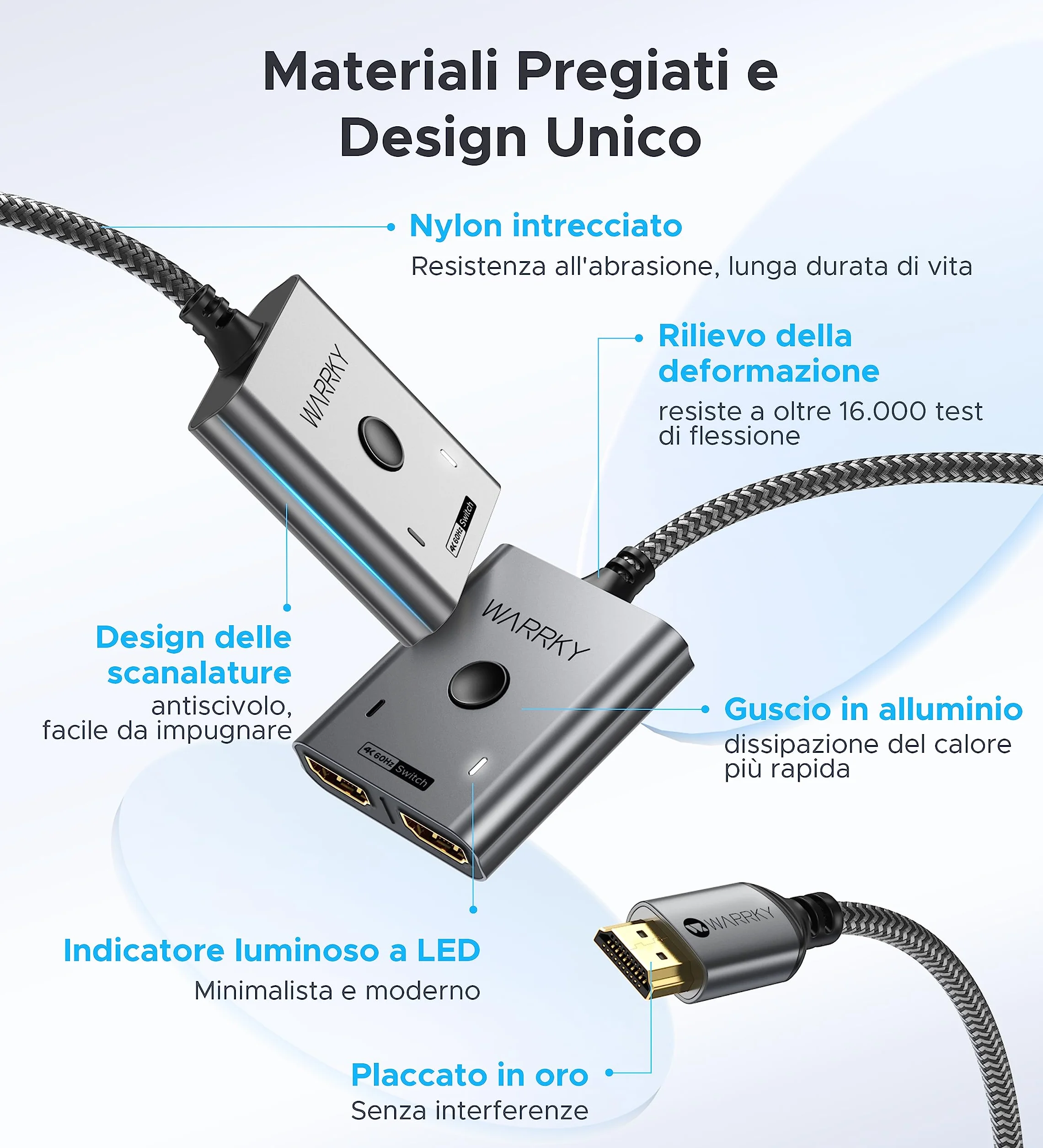 WARRKY Switch HDMI 4K@60Hz Bidirezionale 2 in 1 out Alluminio Cavo Fisso in Nylon 1m HDR HDCP 2.2 3D 1080p