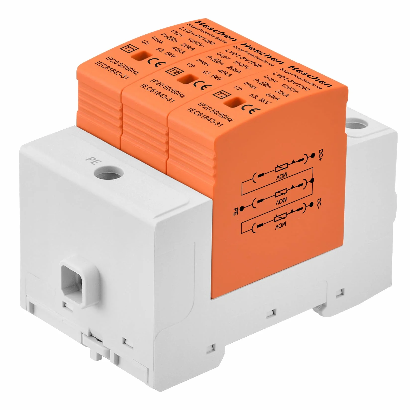 Heschen LYD1-PV1000 Dispositivo di protezione contro le sovratensioni PV 3P 1000VDC 20KA guida DIN 35mm