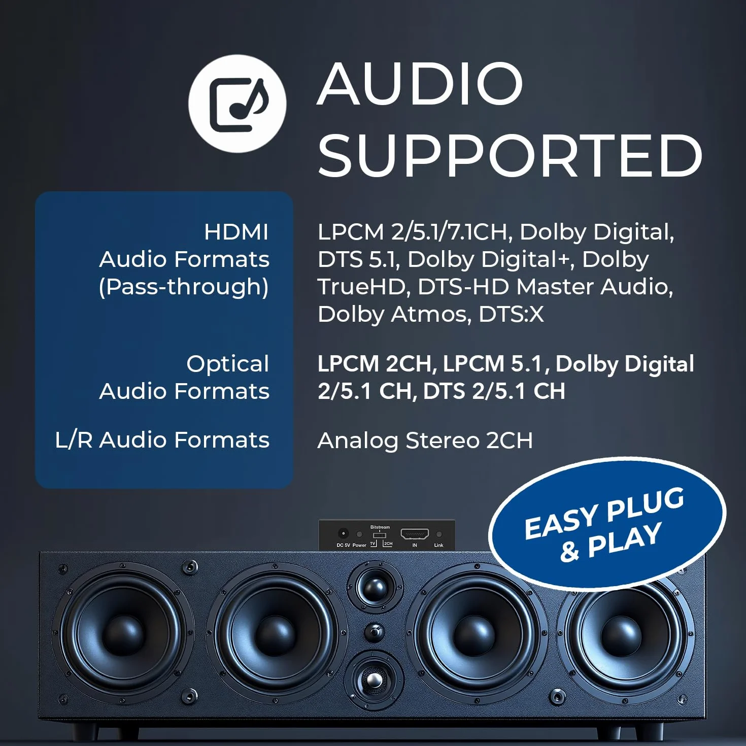 OREL Estrattore audio 4K HDMI 2.0 Audio Converter SPDIF 3.5mm HDCP 2.2 Dolby Digital DTS Passthrough CEC HDR Dolby Vision HDR10 HDA-912