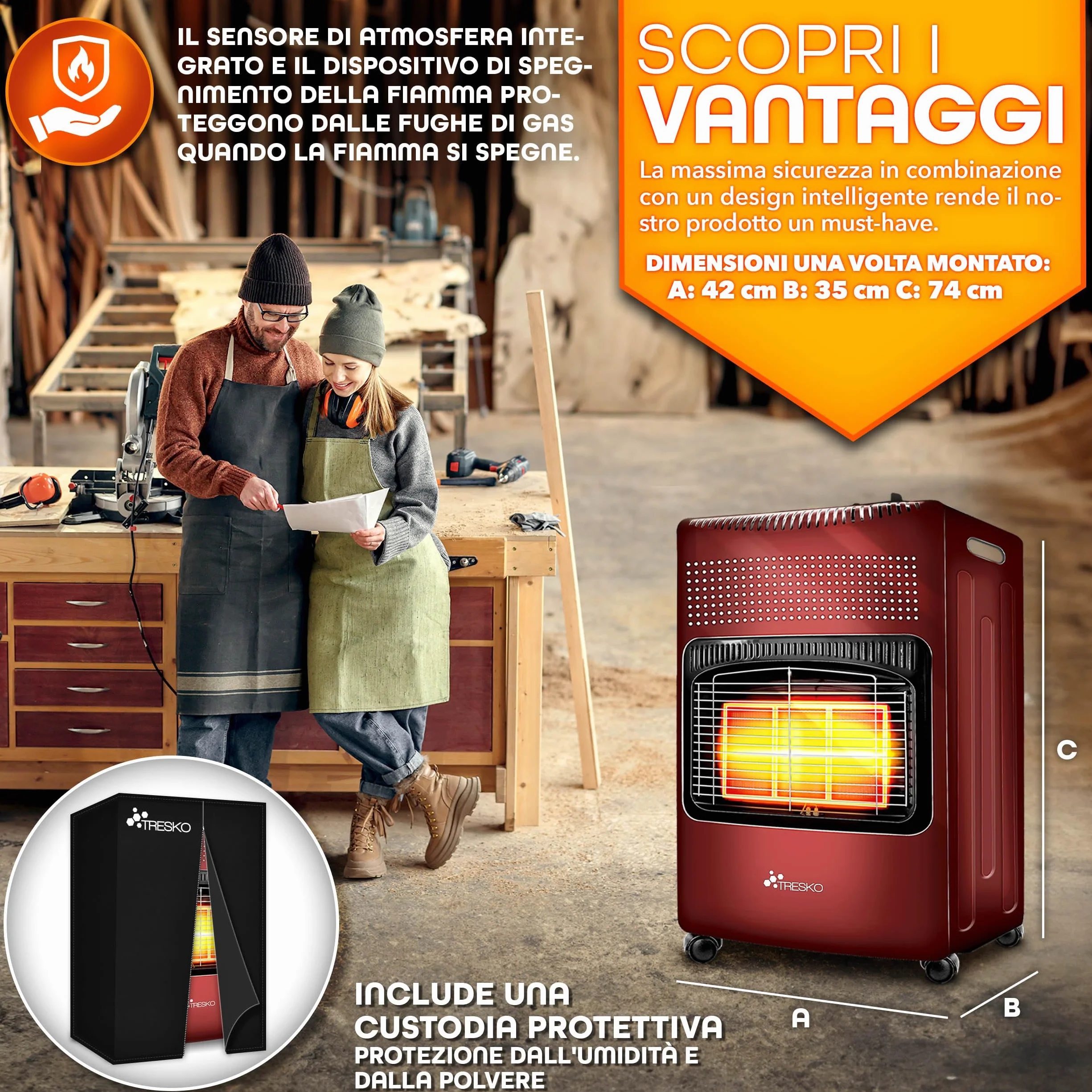 TRESKO Stufa a Gas 4200 Watt, Riscaldatore con Regolatore di Pressione, 3 Livelli, Rosso