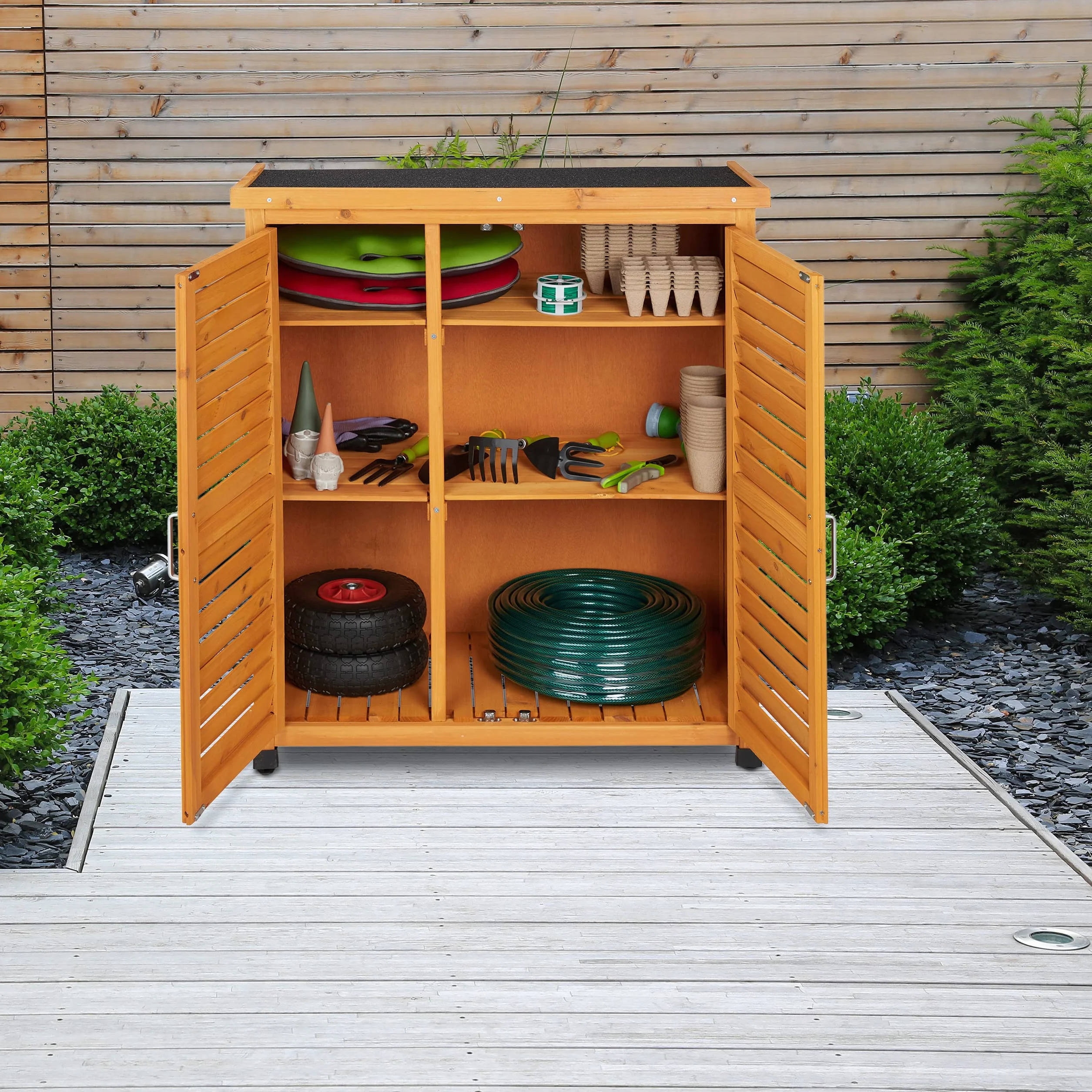 Relaxdays Armadietto da Giardino 3 Scomparti Ripiano Inclinato Mobiletto 2 Ante Legno 97x86,5x47 cm Naturale