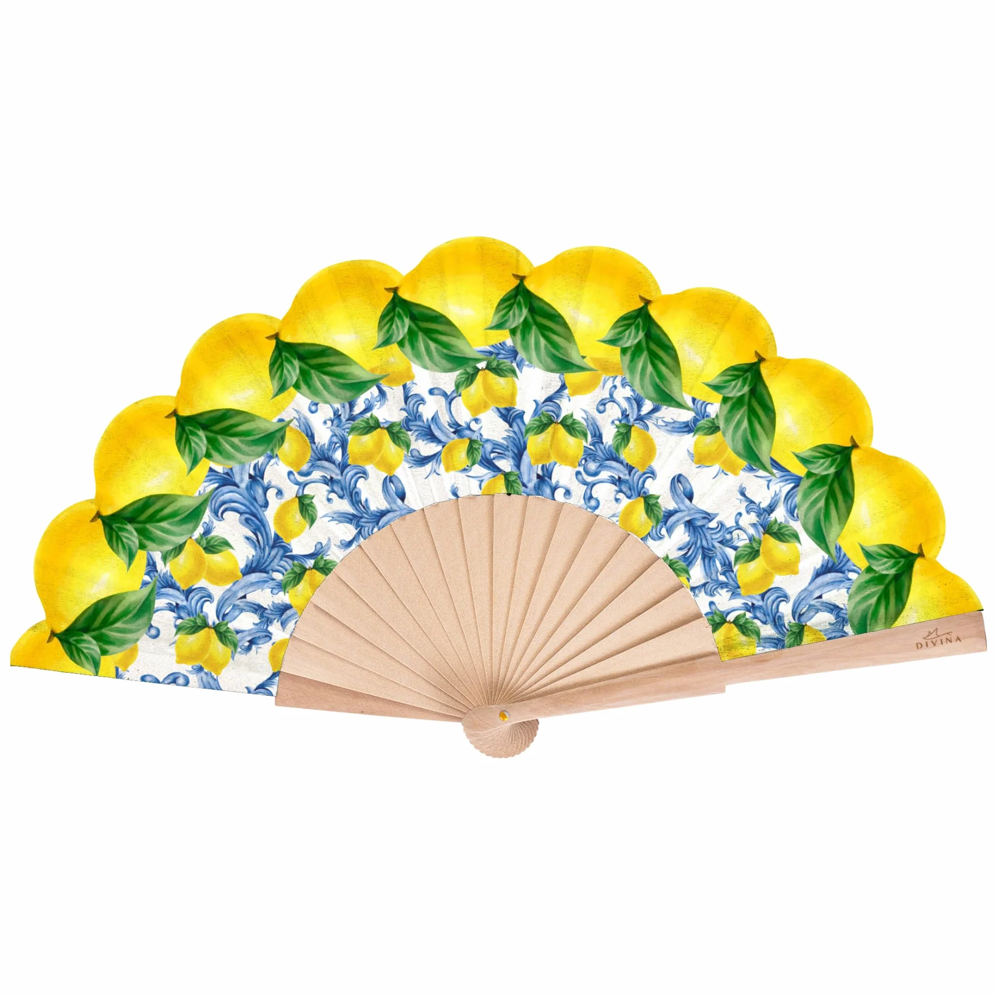 DIVINA Ventaglio, Stecche Effetto Legno, Motivi Maiolicati e Limoni Decorativi, Blu, Bianco e Multicolor, Ispirazione Costiera Amalfitana - VAR119 (10V5)
