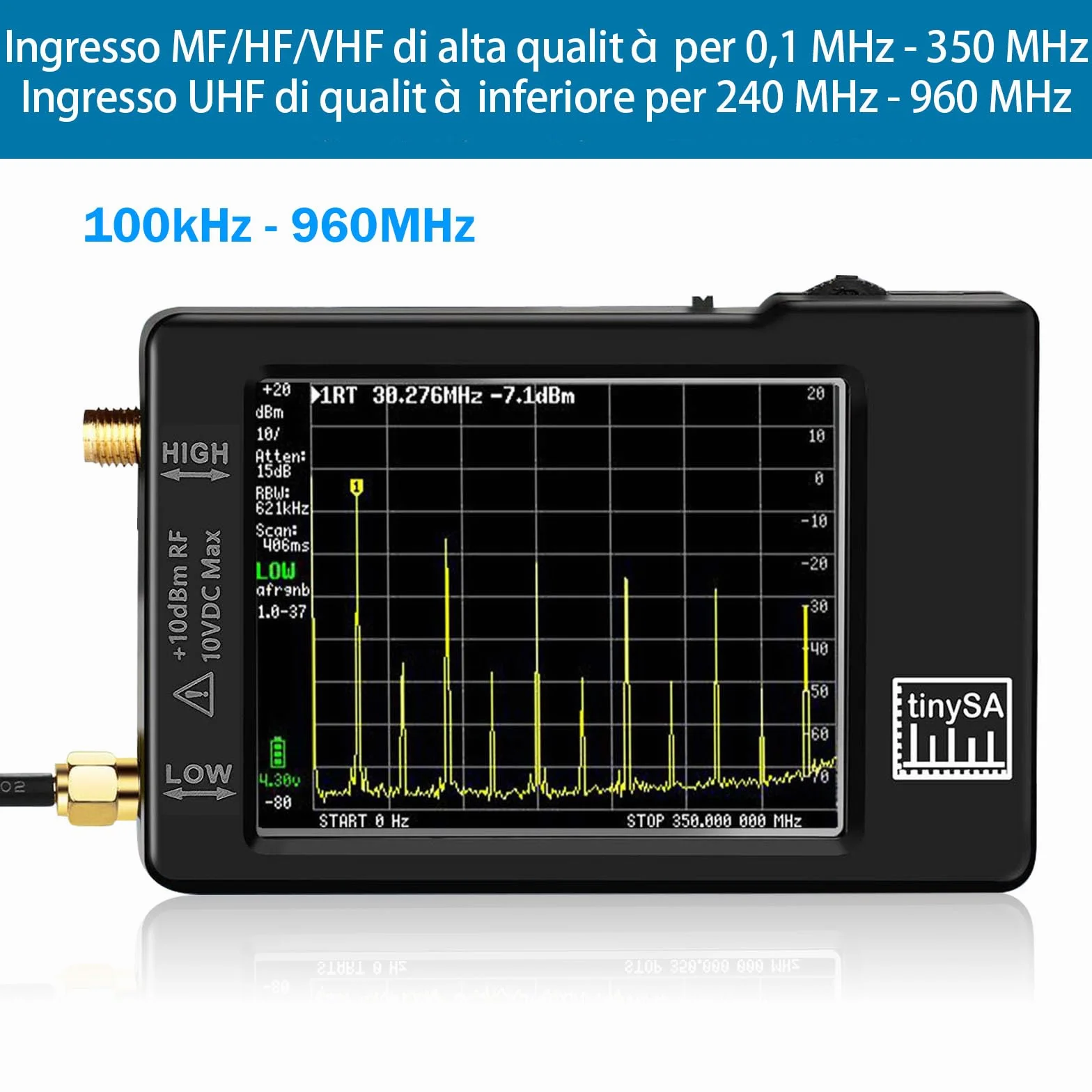 Analizzatore di spettro portatile AURSINC V0.3.1, 100 kHz-960 MHz, FM/MF/HF/VHF/UHF, touchscreen 2,8 pollici, protezione ESD