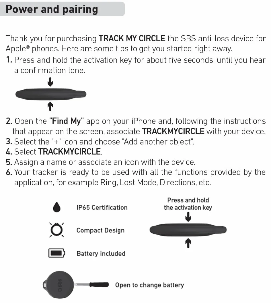 SBS Track My Circle Localizzatore Chiavi Compatibile Apple Dov'È 100 dB IP65 Impermeabile Bianco