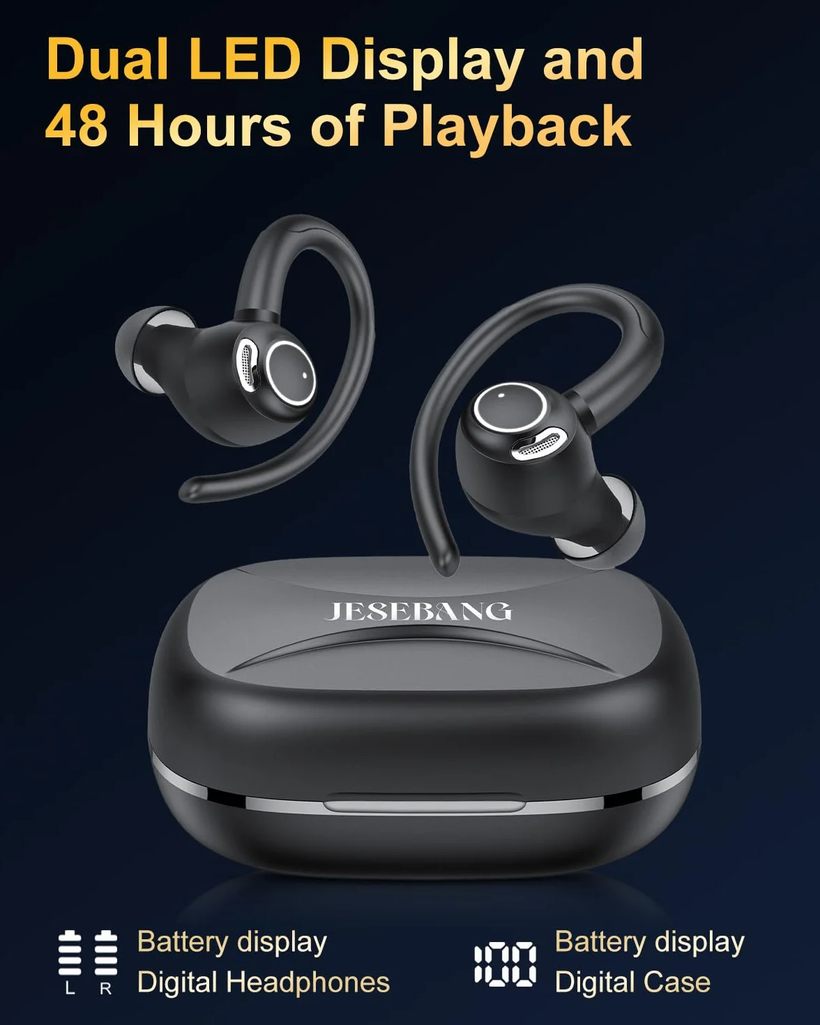 Cuffie Bluetooth Sport 5.4 con Mic Stereo, Wireless USB-C Ricarica Rapida, IP7 Impermeabili 48H, Nero