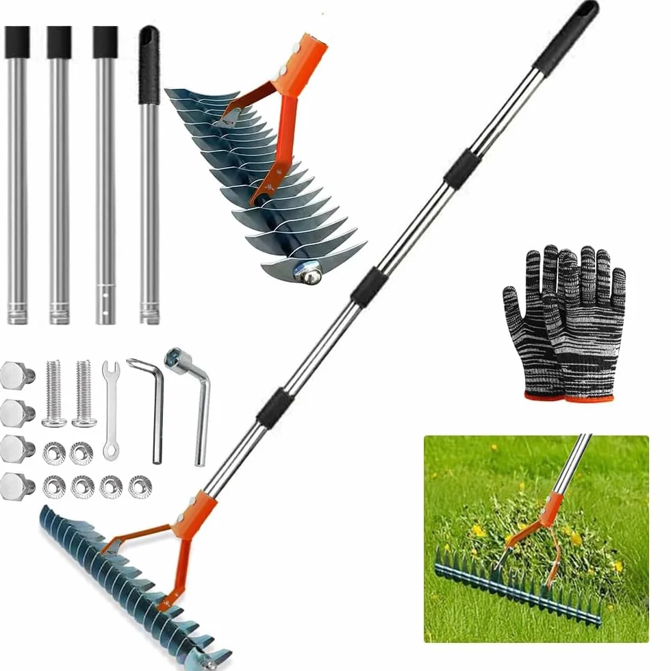 Scarificatore Erba Manuale con Manico 170 cm, Scarificatore Prato Rastrello, Rastrello Aeratore per Pulizia Prato Morto e Riparazione Giardino