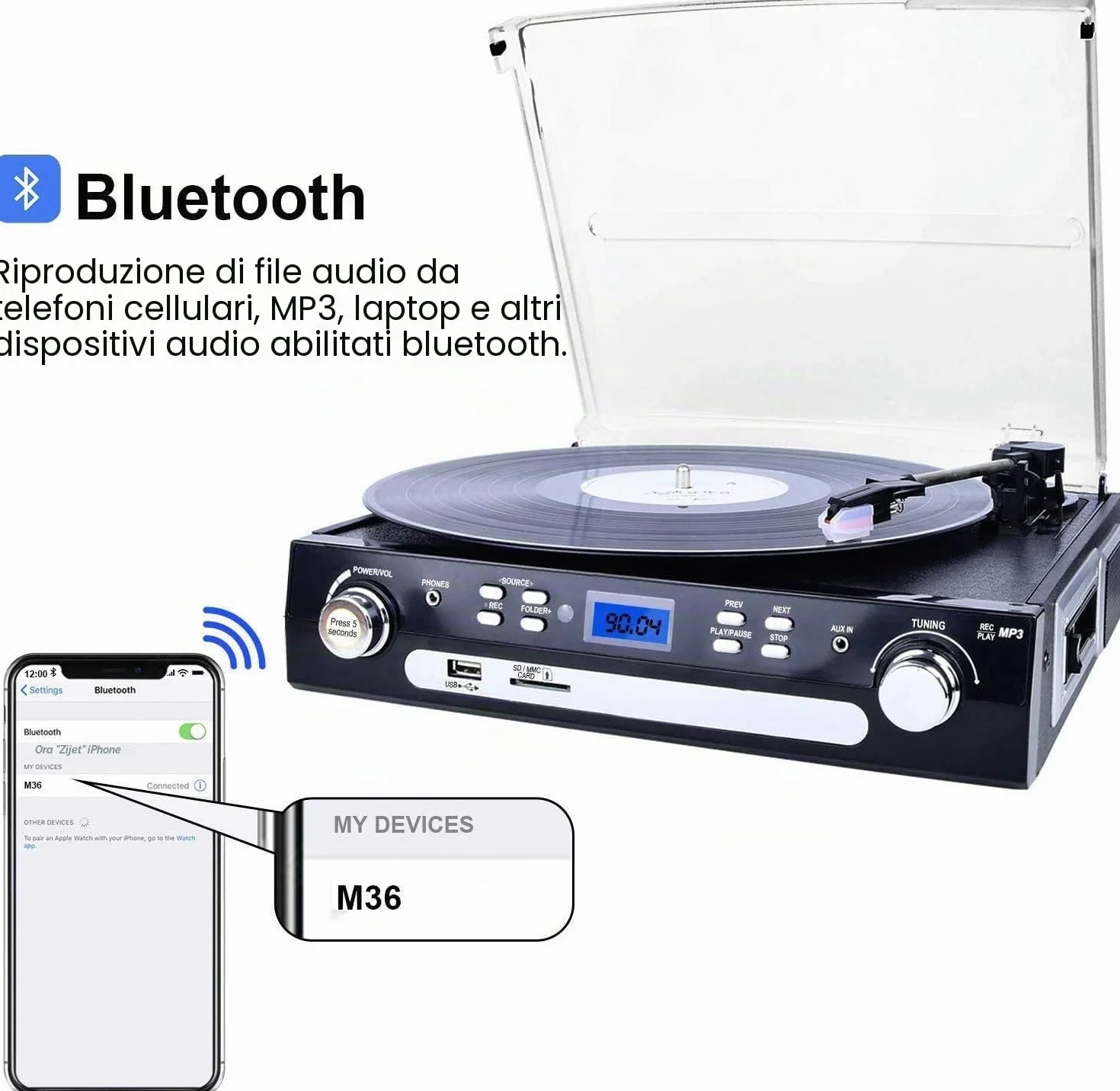 Altoparlante Stereo Bluetooth con Spina per Dischi in Vinile Digitnow, Radio a Tre Vie AM/FM, USB MP3