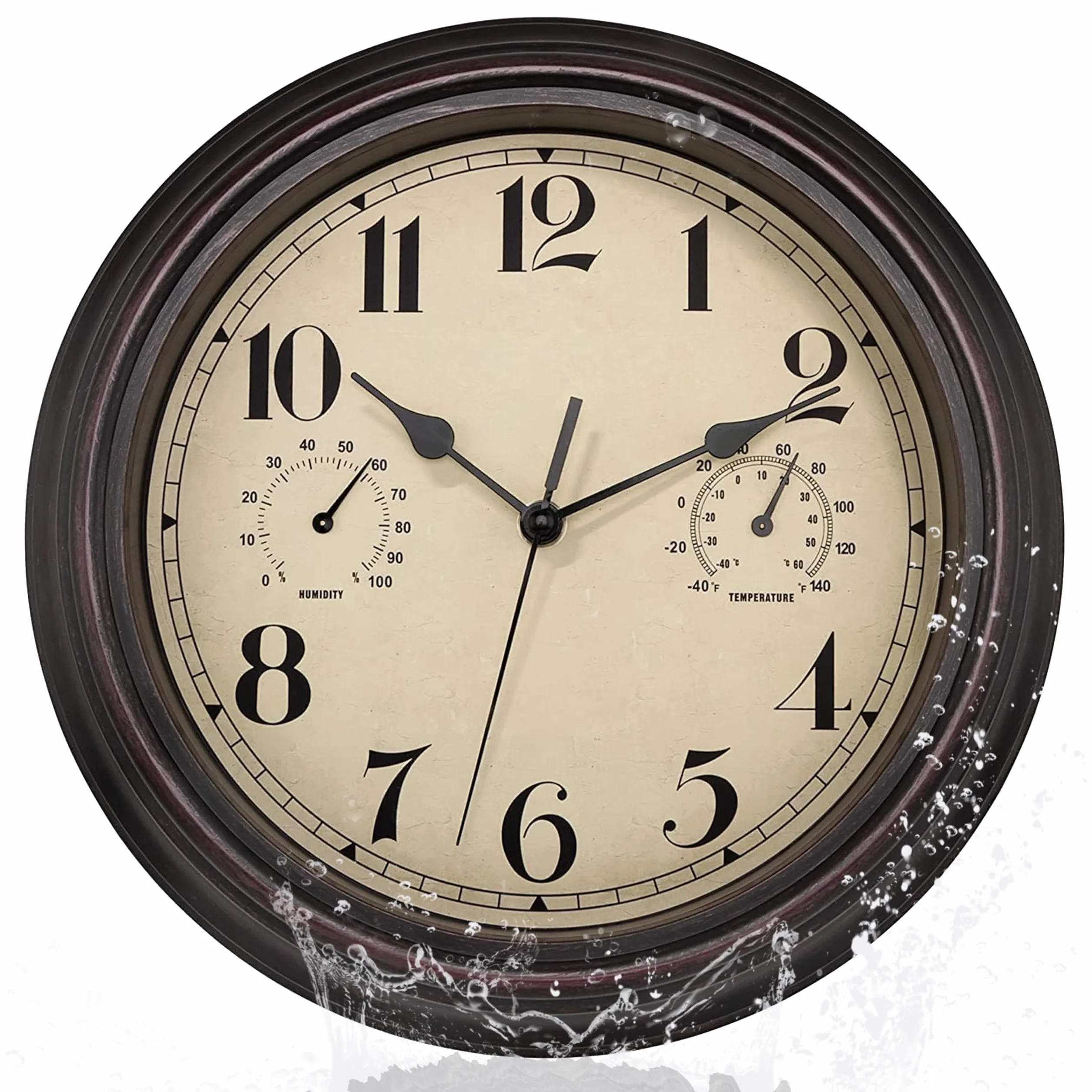 Foxtop Orologio da Parete Esterno 12 Pollici (30 cm) Vintage Impermeabile con Termometro e Igrometro - Silenzioso per Interni, Esterni, Giardino, Veranda, Cucina, Piscina