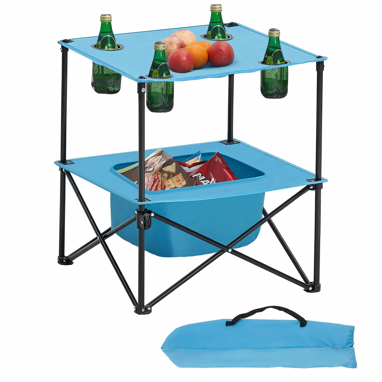 VEVOR Tavolo da Campeggio Pieghevole in Tessuto Oxford 600D Impermeabile, Tavolo da Picnic Portatile e Leggero per Esterni con 4 Portabicchieri e Borsa per Trasporto, per Picnic in Campeggio, Blu