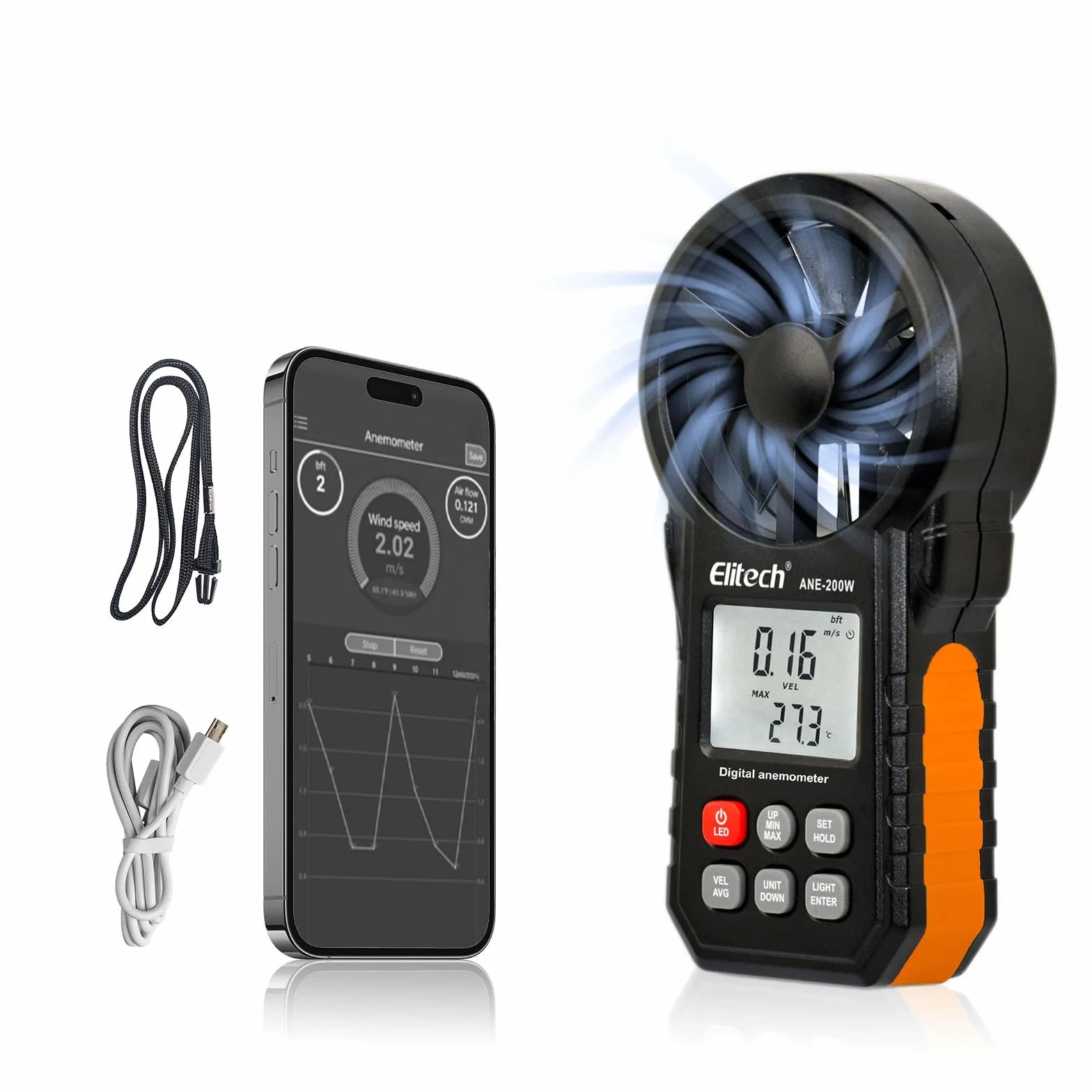 Elitech Anemometro Digitale Bluetooth, Misuratore di Velocità del Vento e Temperatura, per Misurazioni Flusso Aria HVAC, Controllo Ambientale, Calcolo CFM/CMM ANE-200W