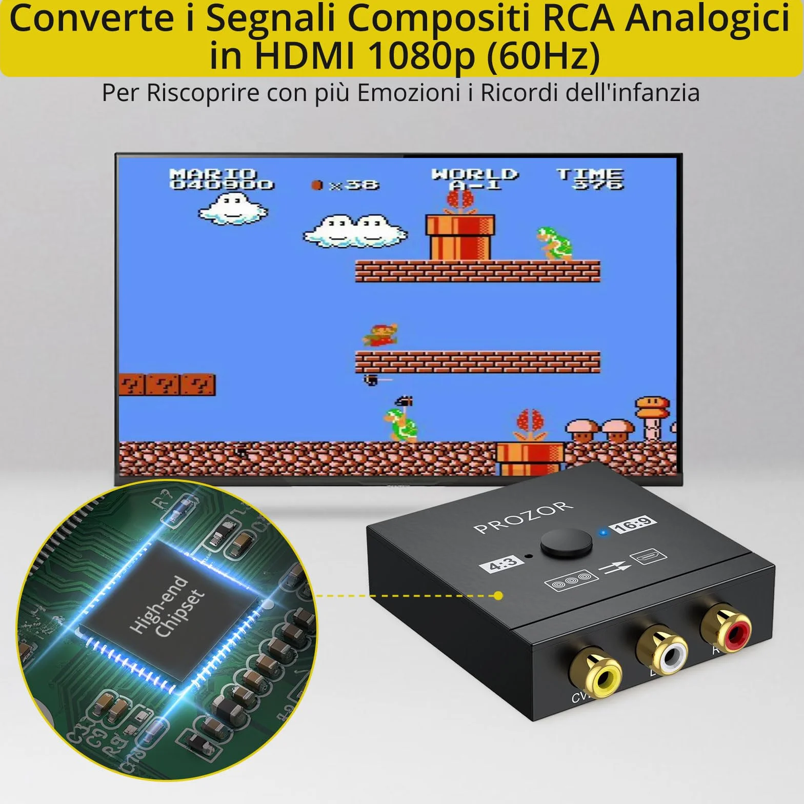PROZOR Convertitore da RCA a HDMI 1080p CVBS Audio Video Composito PAL/NTSC per Wii PS1 PS2 N64