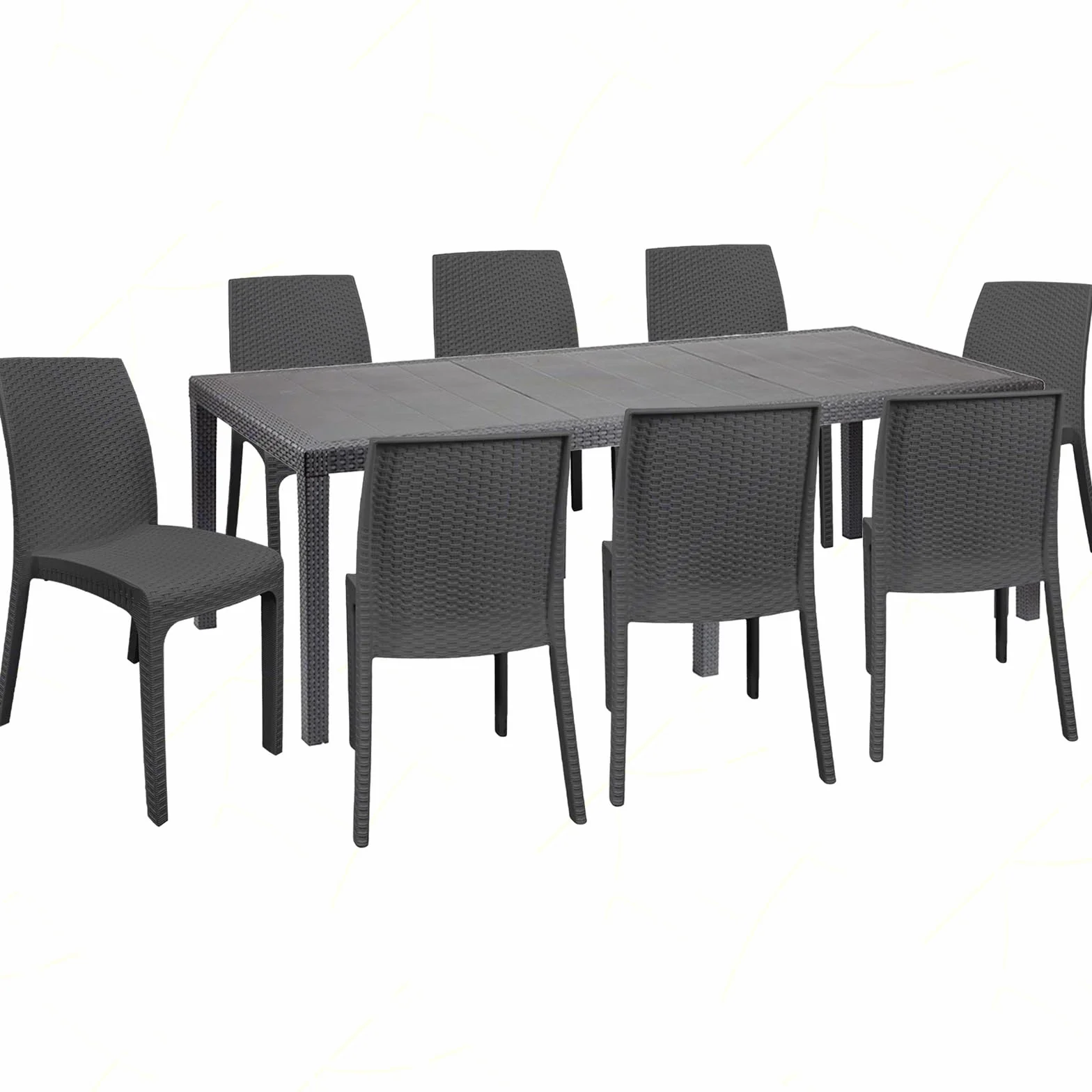 Sicignano | Set 8 Sedie con Tavolo Rettangolare Rattan 220x90 cm, Completo Scuro – Impilabile, Resistente agli UV, Antiscivolo, Arredo Interno Esterno Bar Giardino Terrazzo, Made in Italy