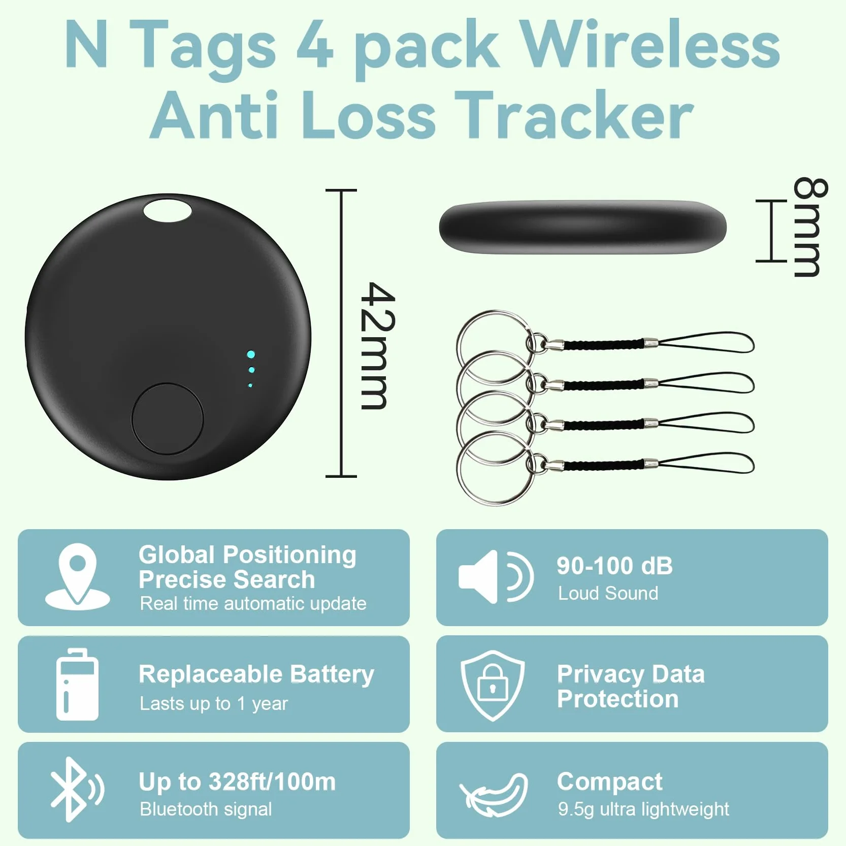 Air Tracker Android 4 PCS Smart Tracker Tag GPS Localizzatore Chiavi Bluetooth Tracker Portafogli Zaini Animale Nero