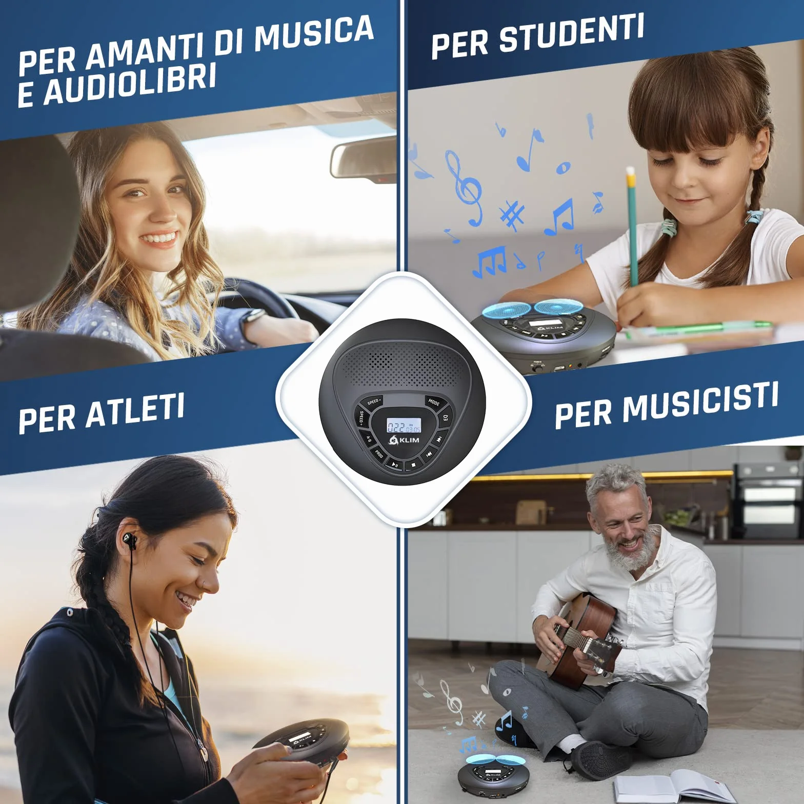 Lettore CD Portatile Stereo con Altoparlanti, Batteria Ricaricabile, microSD, AUX per Auto